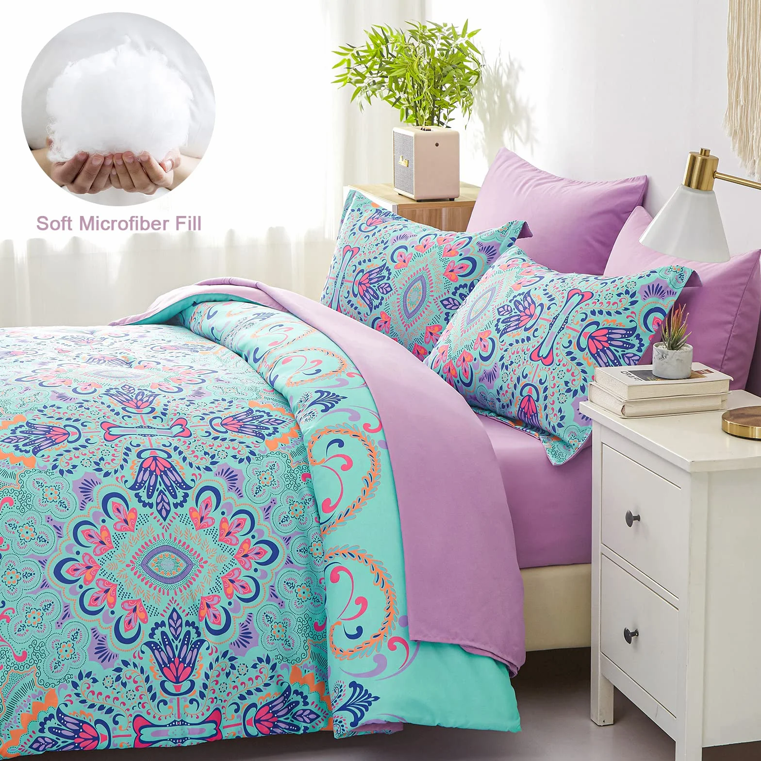 Boho Aqua Lilac Damask Medalion Zestaw kołder King Size 7-częściowy pościel z prześcieradłami