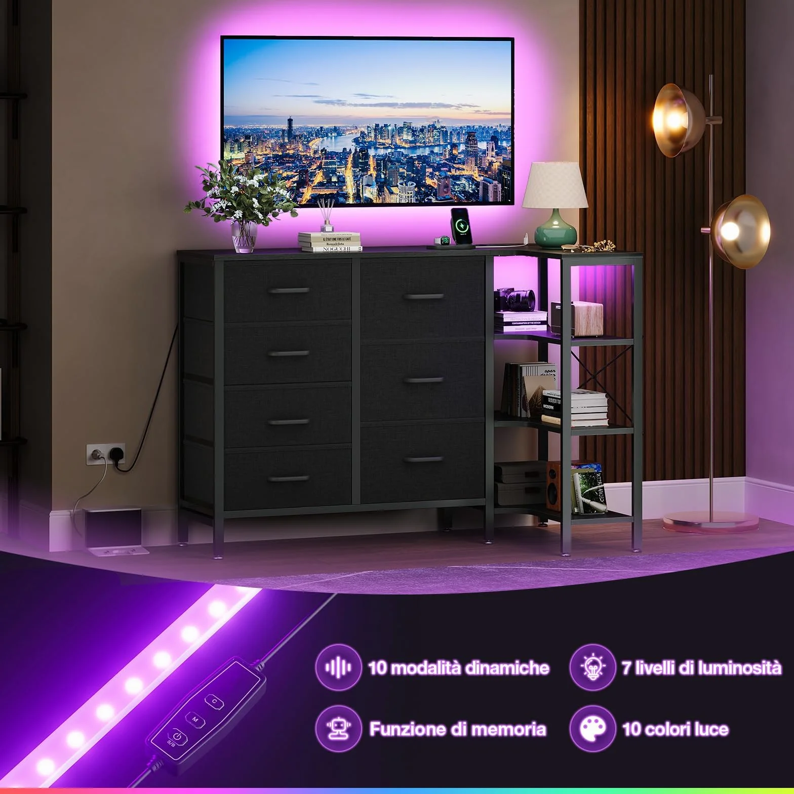 Coleshome Komoda narożna z 7 szufladami, 2 gniazda USB, 2 gniazda AC, LED, czarna