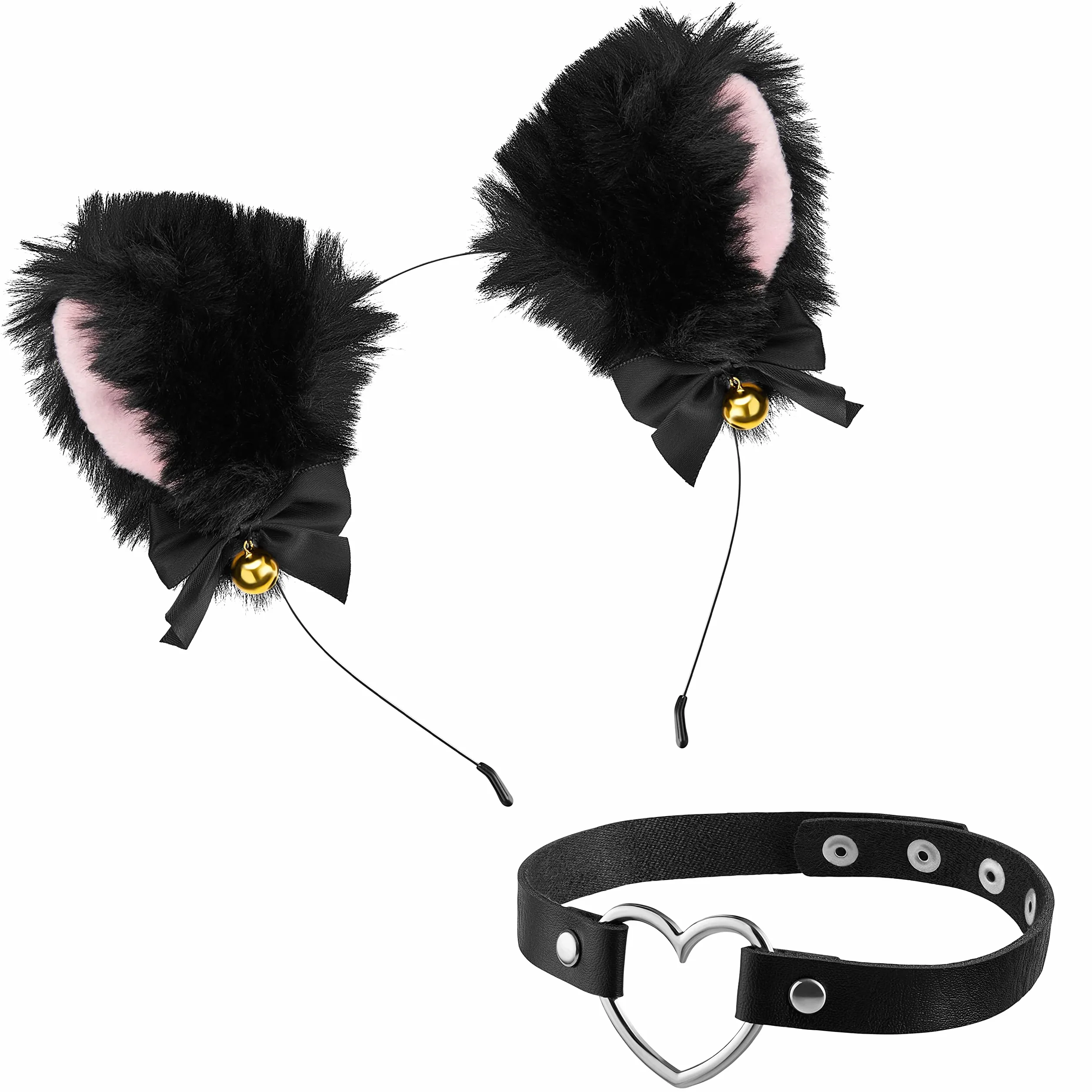 Balinco Cat Ears Hairband & Heart Necklace, Kawaii Deco Dress, Pluszowe uszy, Pluszowe, Kocie uszy, Cosplay Anime Girl Akcesoria, Opaska do wosów, Karnawa, Mardi Gras, Halloween, Festiwal