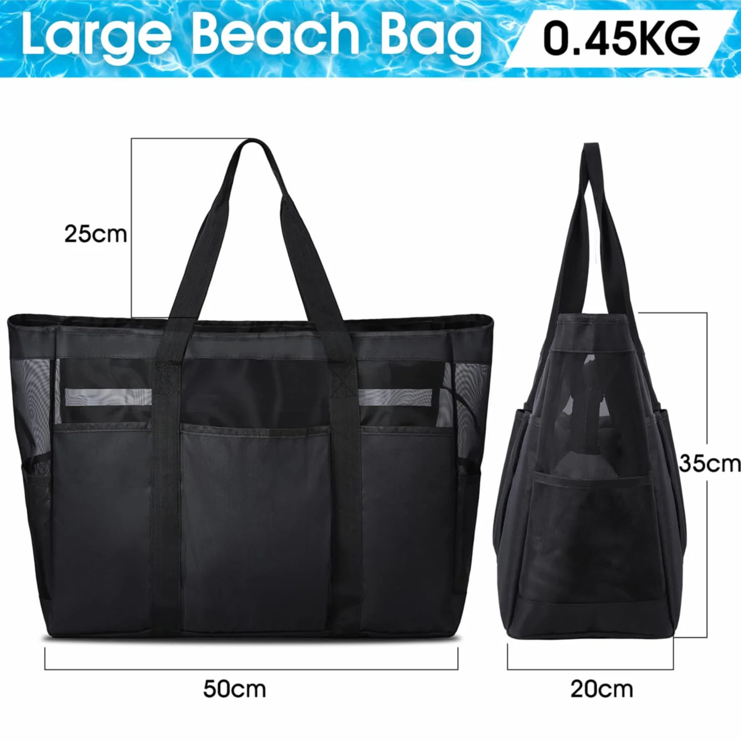 Lubardy Torba plażowa XXL, rodzinna torba plażowa z zamkiem błyskawicznym, duża, z siateczki, składana, na plażę, podróż, do przechowywania zabawek, na siłownię, czarna, czarny, 50 x 20 x 35 cm