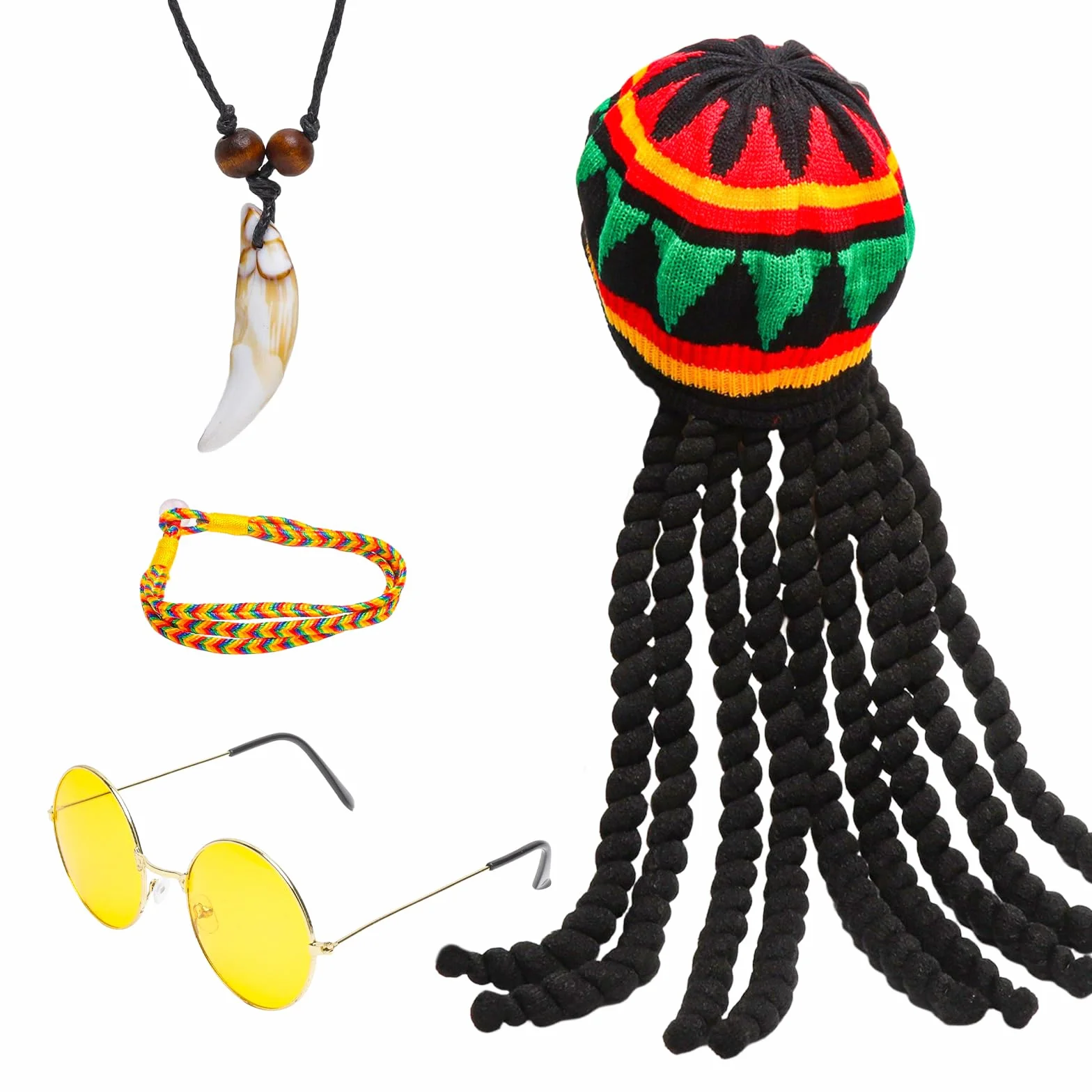 4 sztuki czapek Rasta Dreadlocks, peruka Rasta, styl jamajski, zabawne czapki z dredami, peruka, czapka z włosami, zabawny kostium, maskarada, akcesoria kostiumowe do cosplay
