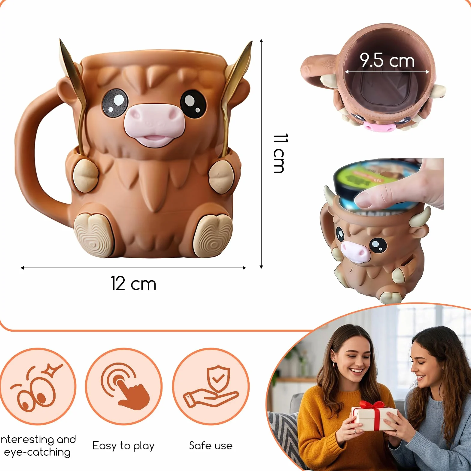 Yamobi Cute Highland Cow Ice Pint Holder, uchwyt na pintę lodu z łyżeczką, 473 ml zapobiegający zamarzaniu rąk kubek na lody z otworem na łyżkę, tajna szuflada na przekąski