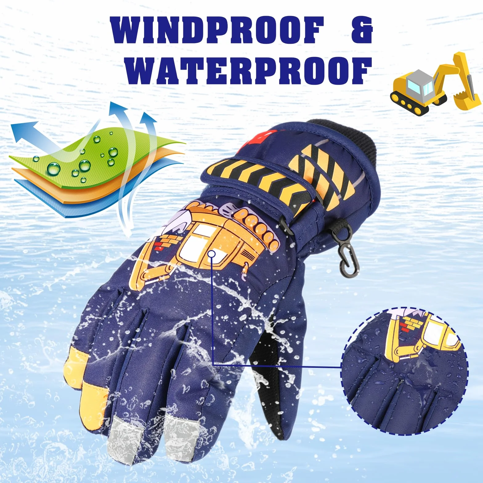 QKURT Dziecięce rękawice narciarskie, wodoodporne zimowe rękawiczki narciarskie, rękawiczki narciarskie Bulldozers, dziecięce rękawiczki narciarskie do sań snowboardowych dla dziewczynek i chłopców w
