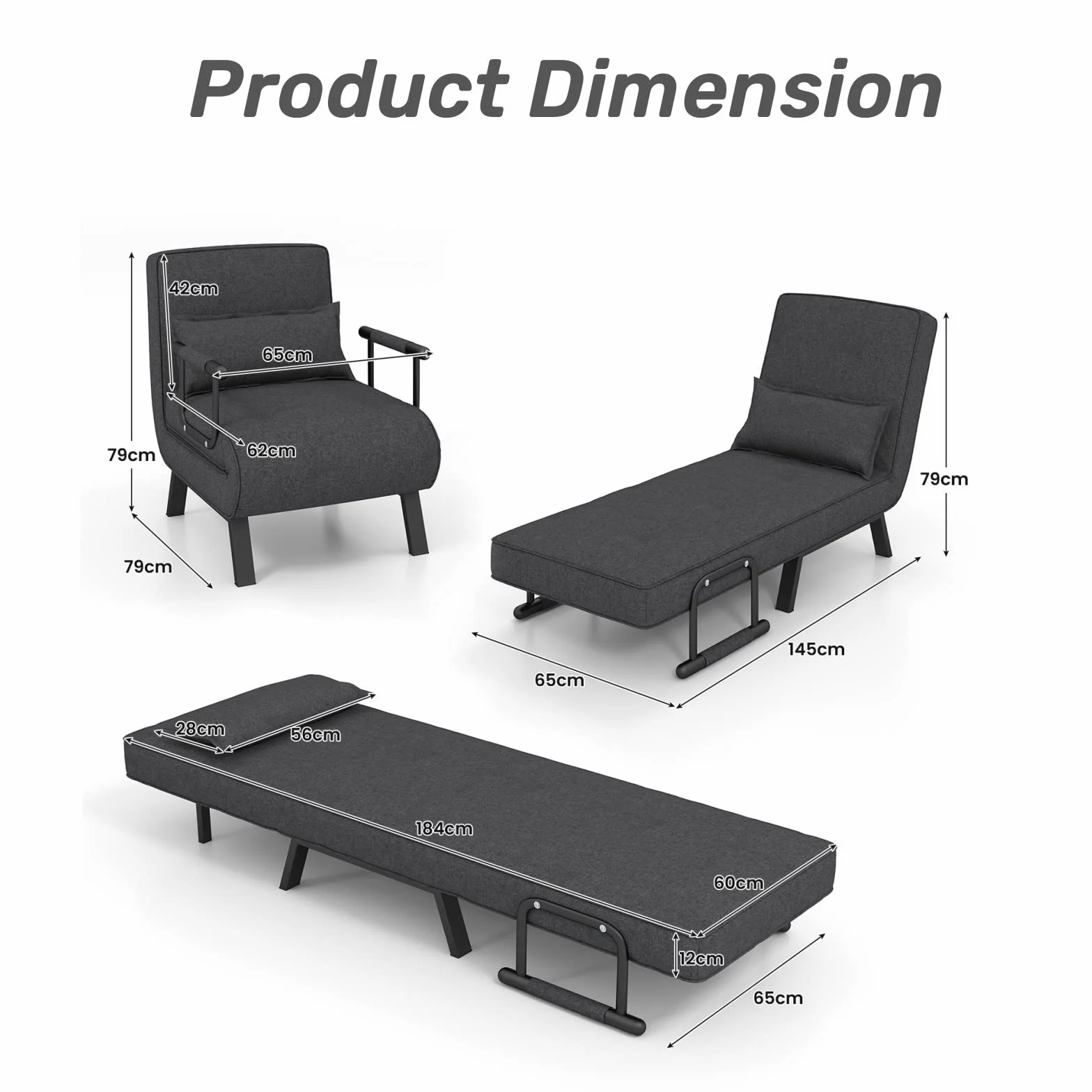 LIFEZEAL Sofa Składana Wielofunkcyjna do Spania - Fotel z 5-Stopniową Regulacją Oparcia, Poduszkami, 150 kg, Szary