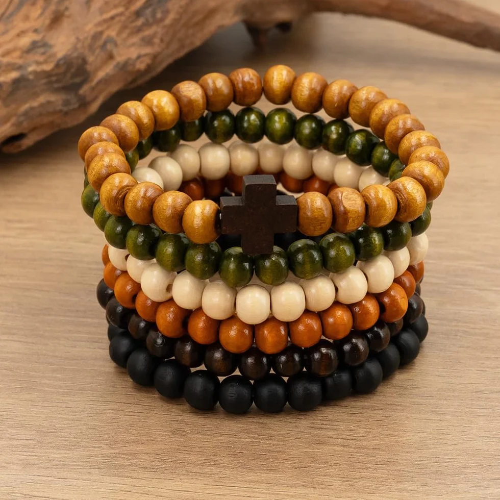 Zestaw 6 bransoletek z koralików drewnianych Stack, Cross Bangle - Bransoletki z koralików dla kobiet i mężczyzn, 8 mm okrągłe, elastyczne bransoletki z koralików, unisex, do jogi