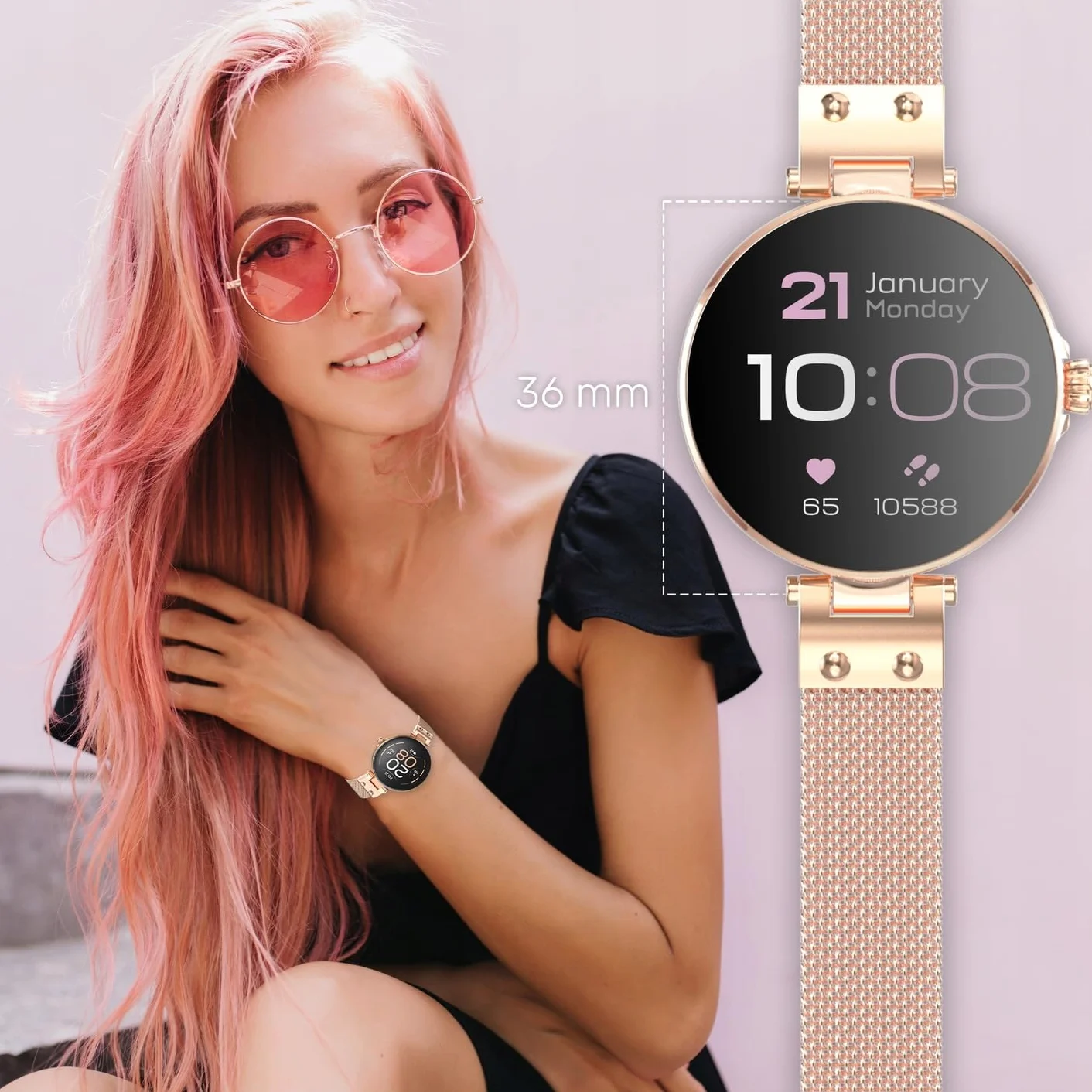 Forever Damski smartwatch ForeVive Petite SB-305 różowy, zegarek na rękę Bluetooth, sterowanie muzyką, krokomierz, pulsometr, wodoodporny IP68, elegancki zegarek fitness