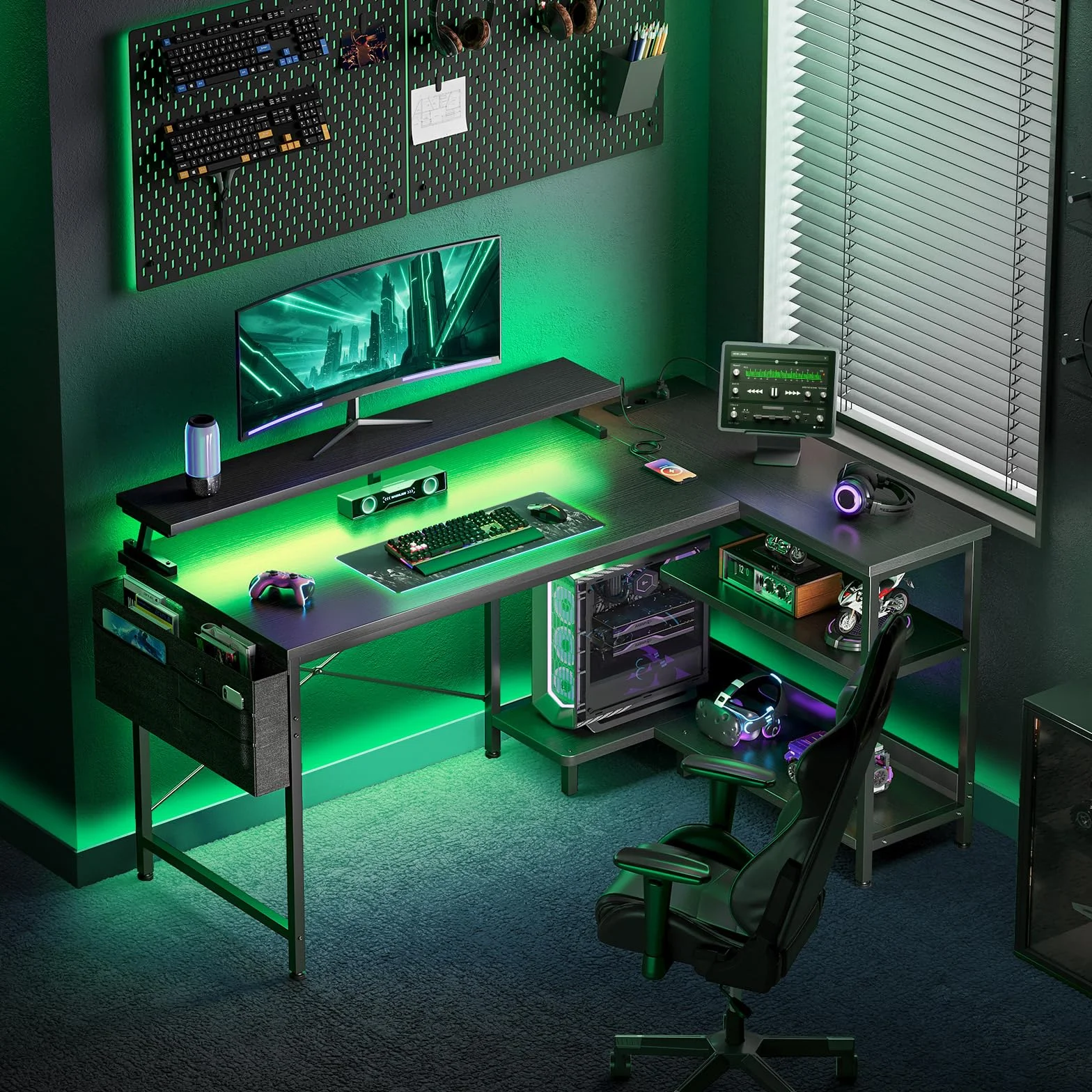 Coleshome Biurko Gamingowe LED 120x80cm Odwracalne Narożne z Półkami Stół Komputerowy Kształt L 2 Porty USB 2 Gniazdka Podstawka pod Monitor Czarny