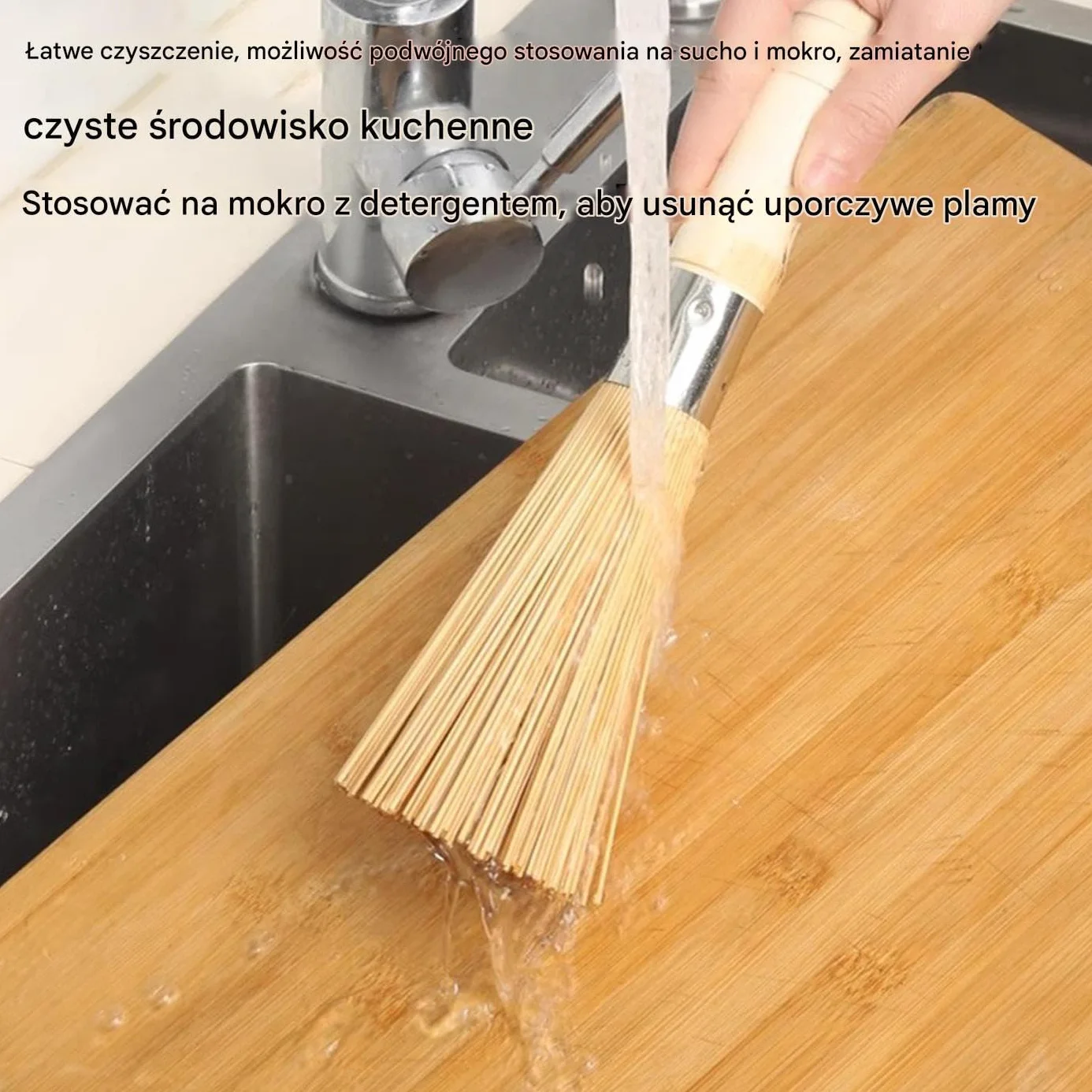 Wooden Kitchen Cleaning Brush for Wok, Non-Scratch Cast Iron Care Scrubber with Hangable Loop, 9.84 Inches