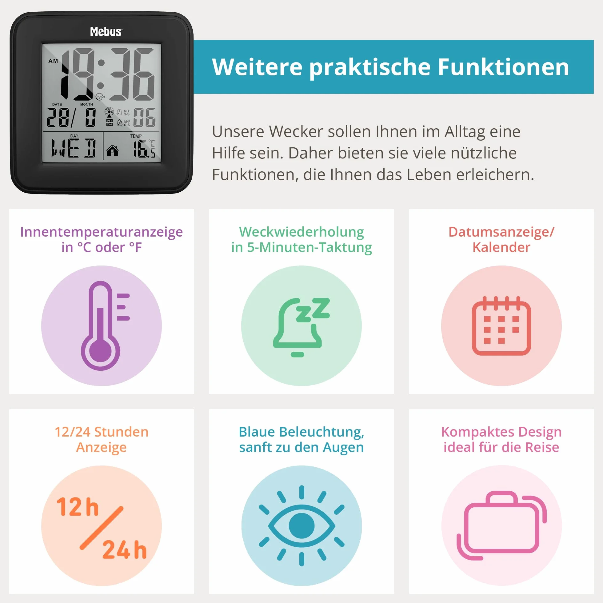 MEBUS Digitaler Funk-Wecker mit Thermometer Beleuchtung Kalender Schwarz Modell 25595