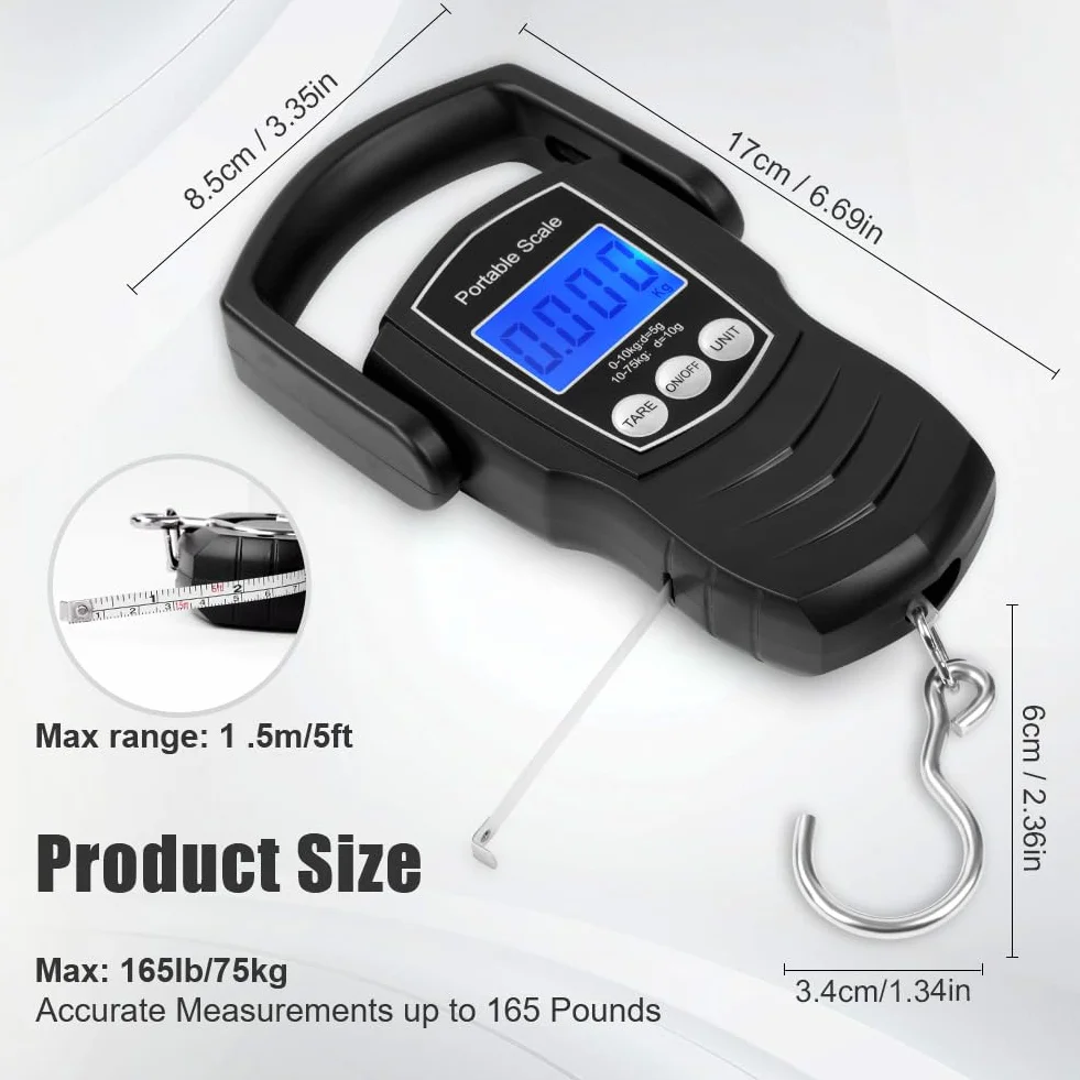 Flintronic Cyfrowa waga bagażowa, 165 lbs/75 kg, przenośna waga bagażowa, z podświetlanym wyświetlaczem LCD, wisząca waga wędkarska z taśmą pomiarową, odpowiednia do podróży i domu