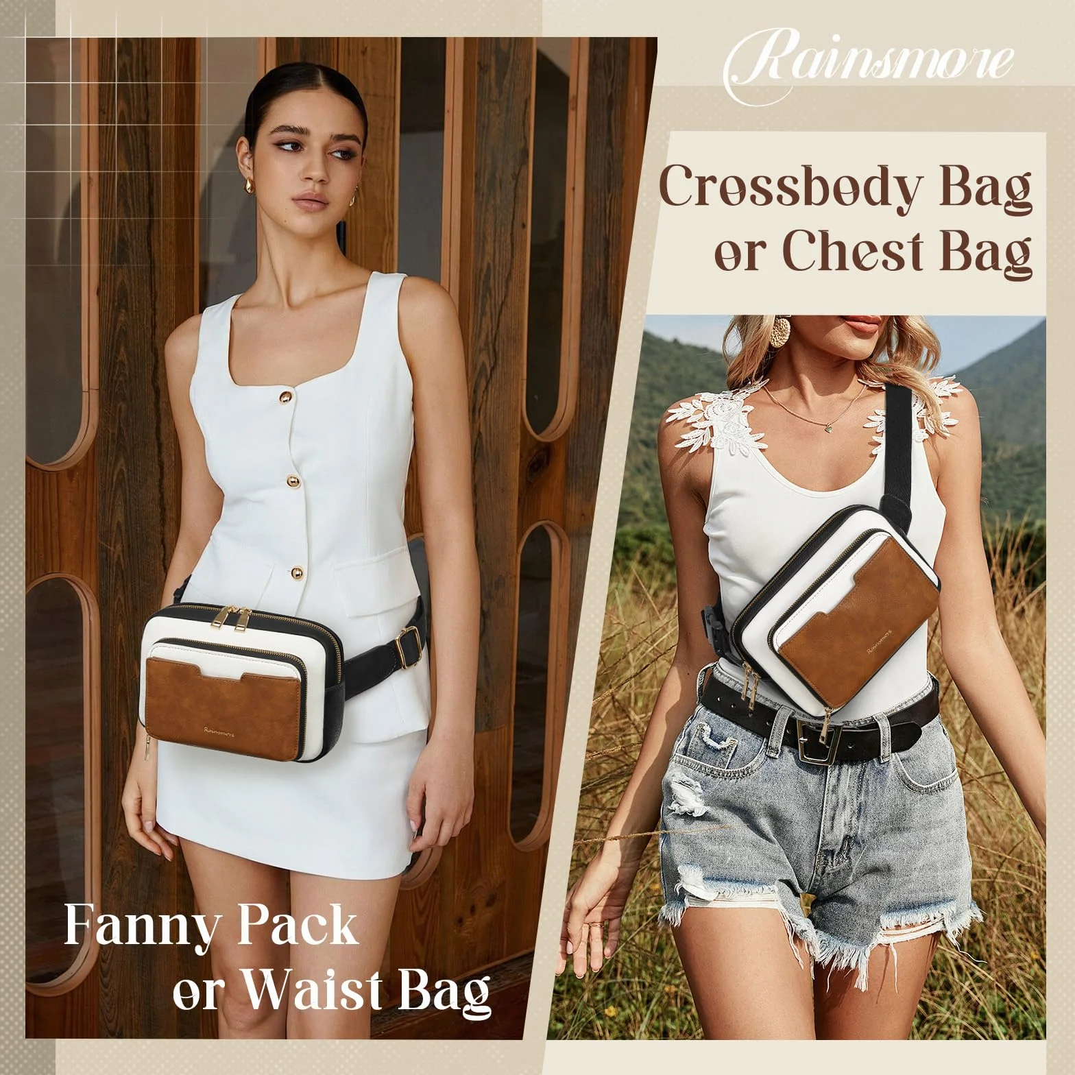 RAINSMORE Fanny Pack dla kobiet, skórzany pasek torba wodoodporna, Czarny Brązowy Biały, Kobiety