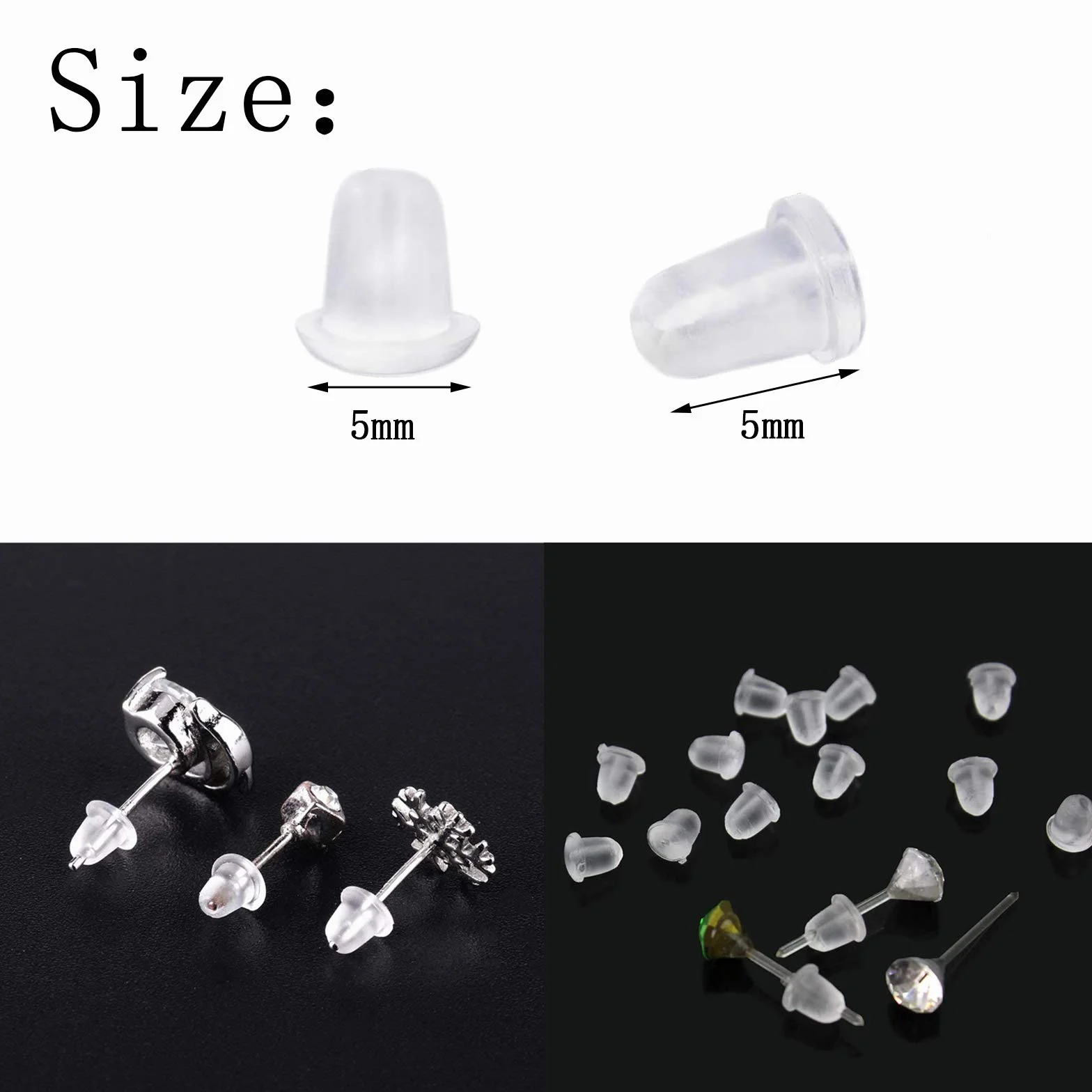 Korek do kolczyków kolczyki przezroczysty gumowy korek bezpieczeństwa Earstop zatyczki do uszu z tyłu białe plastikowe gumowe kolczyki 5 mm x 5 mm (100 sztuk)