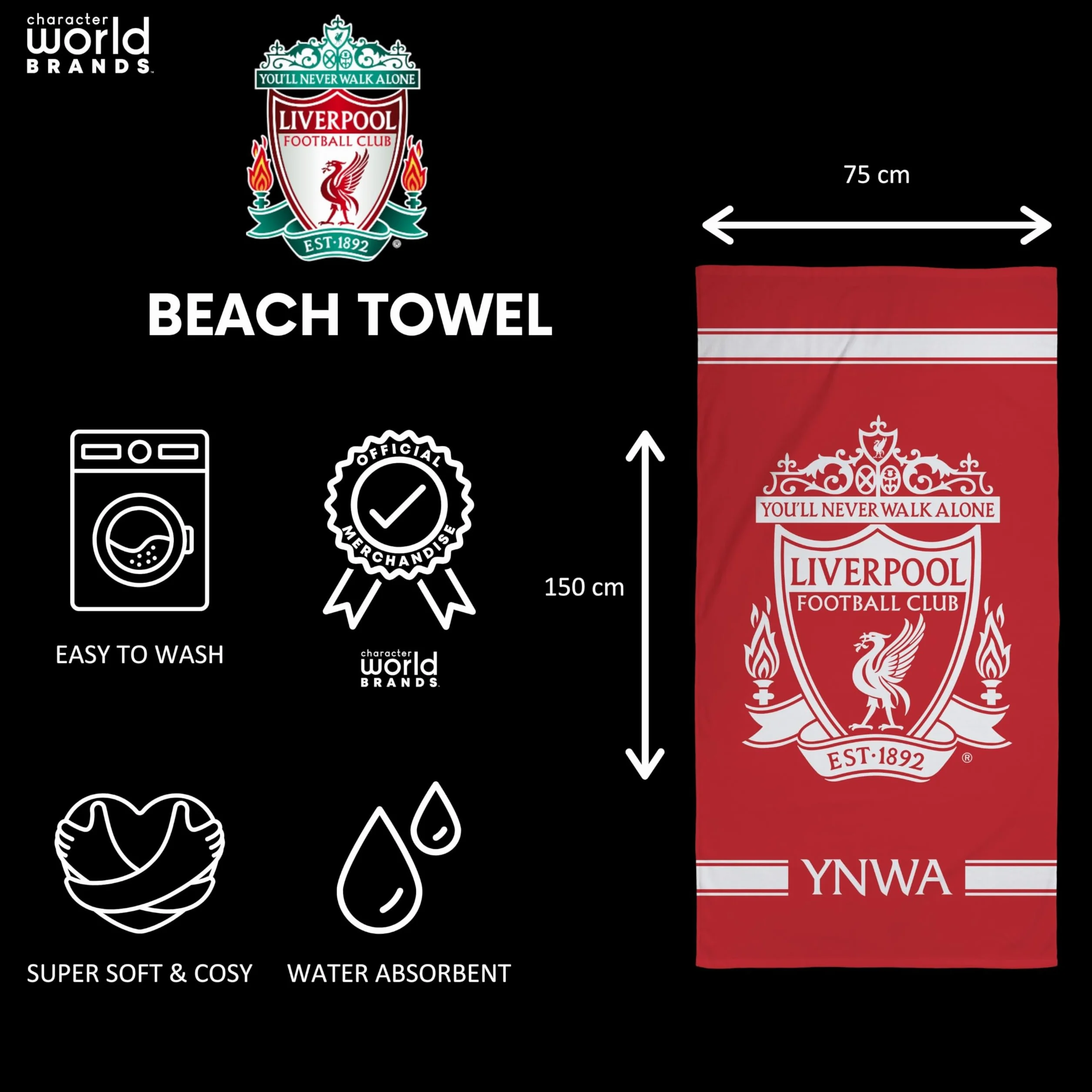 Liverpool FC Oficjalny ręcznik Character World | super miękki w dotyku, projekt klubu piłkarskiego YNWA | idealny do domu, wanny, plaży i basenu, jeden rozmiar 75 cm x 150 cm | 100% bawełna