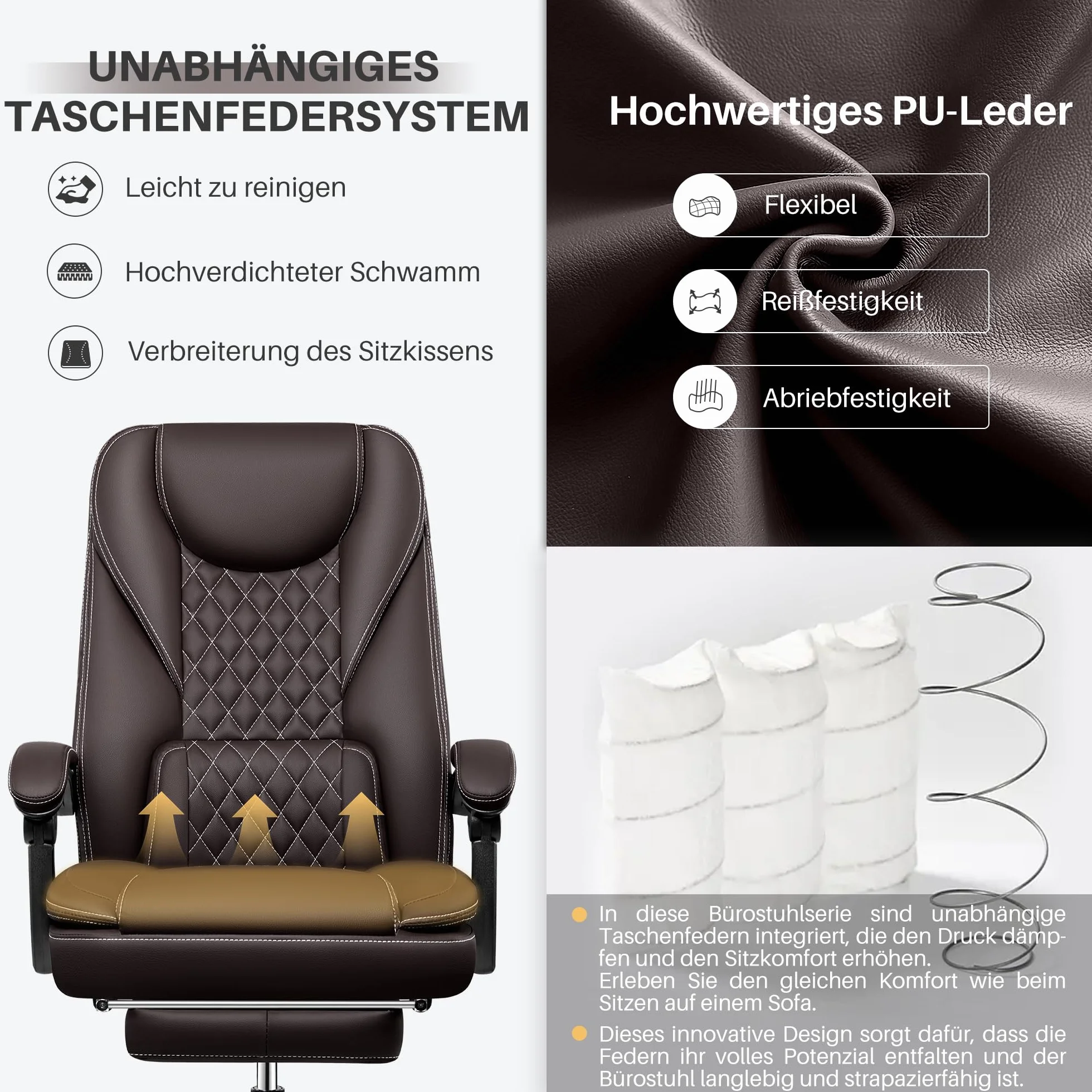Ergonomiczne krzesło biurowe 140° z podnóżkiem, zagłówkiem, funkcja przechylania, krzesło obrotowe, fotel szefa, sztuczna skóra, 150 kg, kolor kawowy