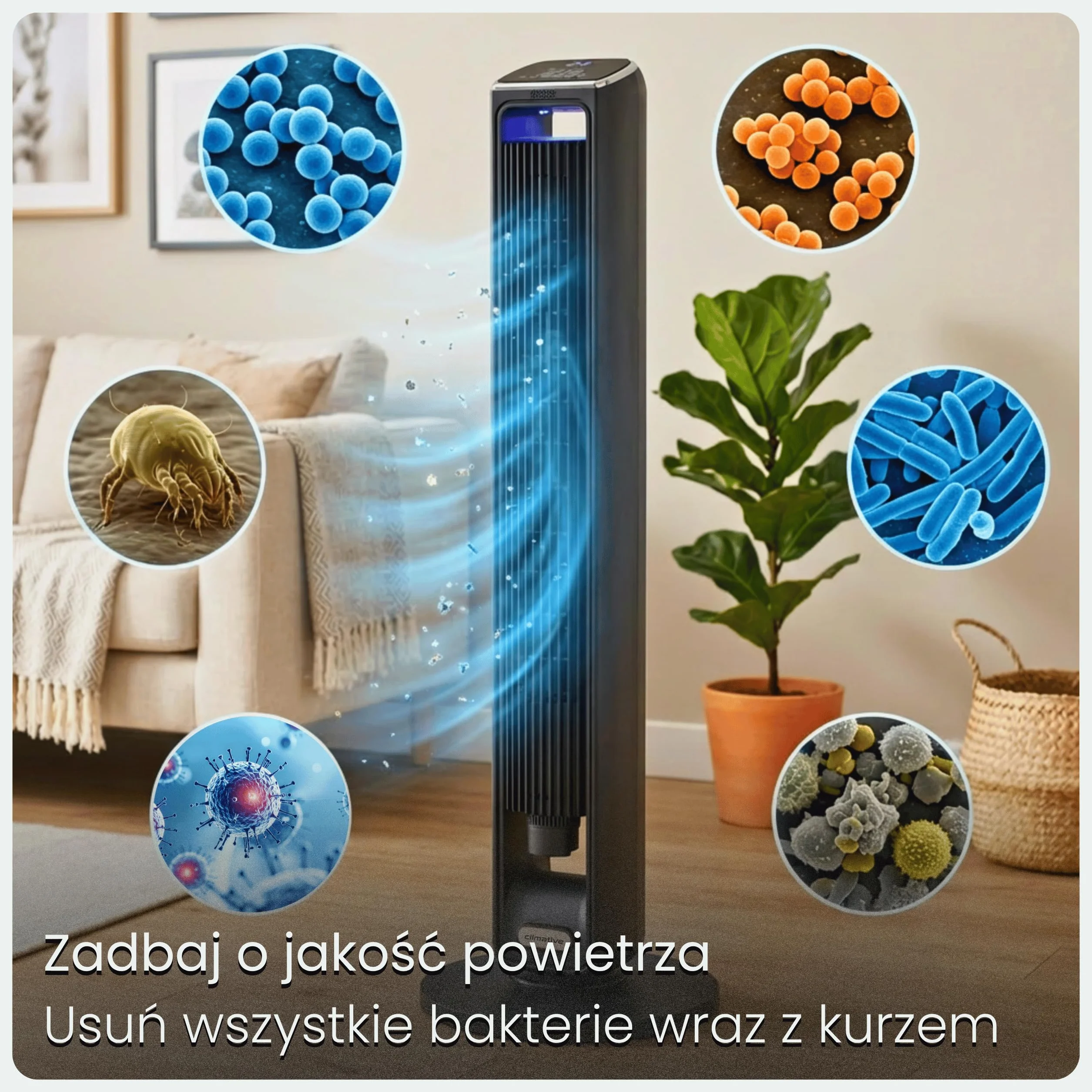 Wentylator kolumnowy 107cm WiFi Tuya Jonizacja Timer 15h Oscylacja 90° Pilot LED