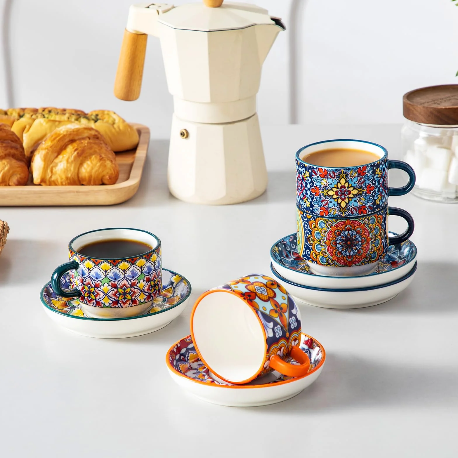 Vancasso Zestaw filiżanek SIMI 4 x 120ml porcelanowe do espresso z metalowym stojakiem