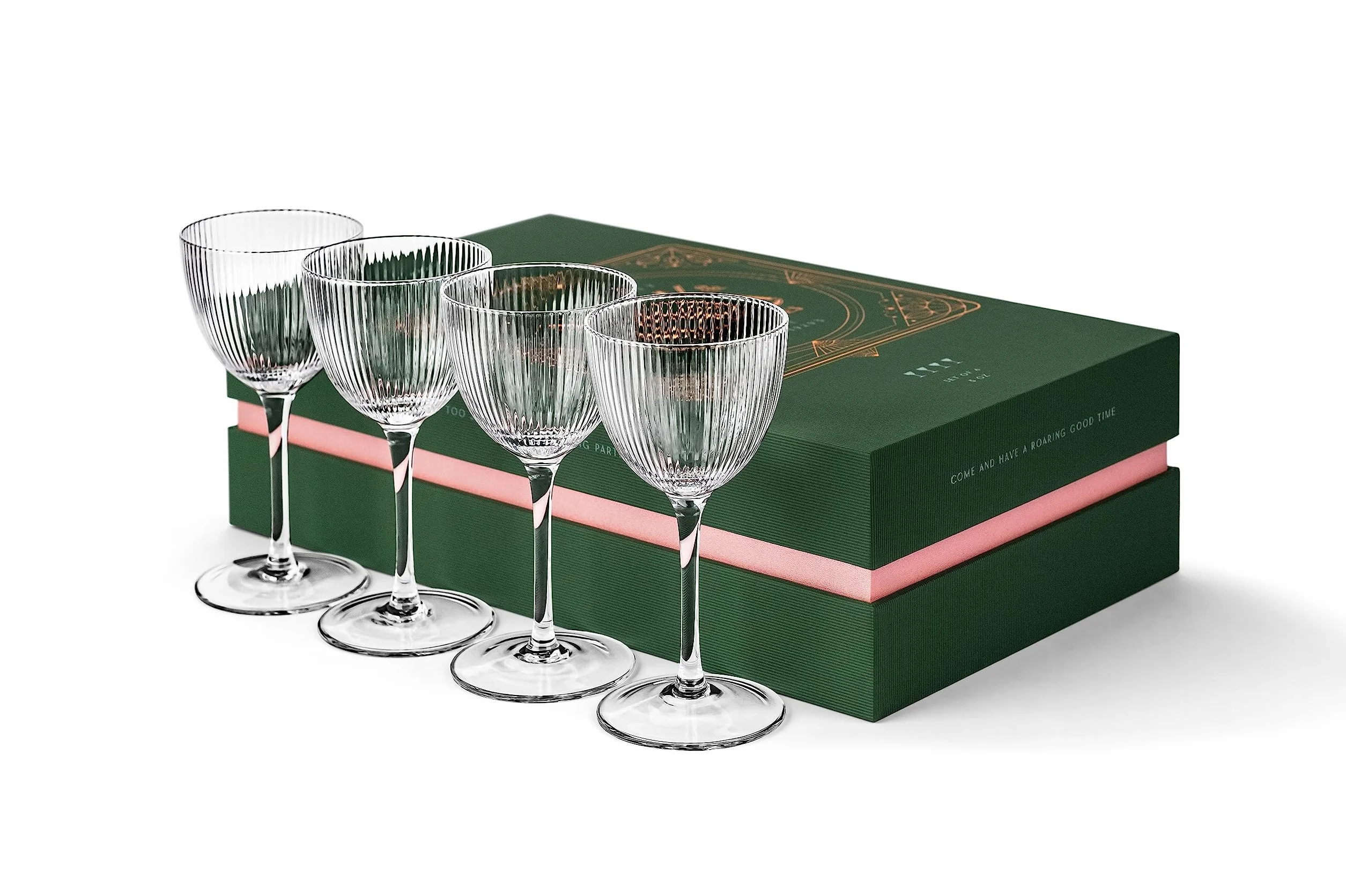 GLASSIQUE CADEAU Kieliszki Nick and Nora Coupe w stylu vintage, art deco, zestaw 4 sztuk, 150 ml, kryształowe, prążkowane kieliszki ginowe koktajlowe do picia klasycznych napojów barowych, retro