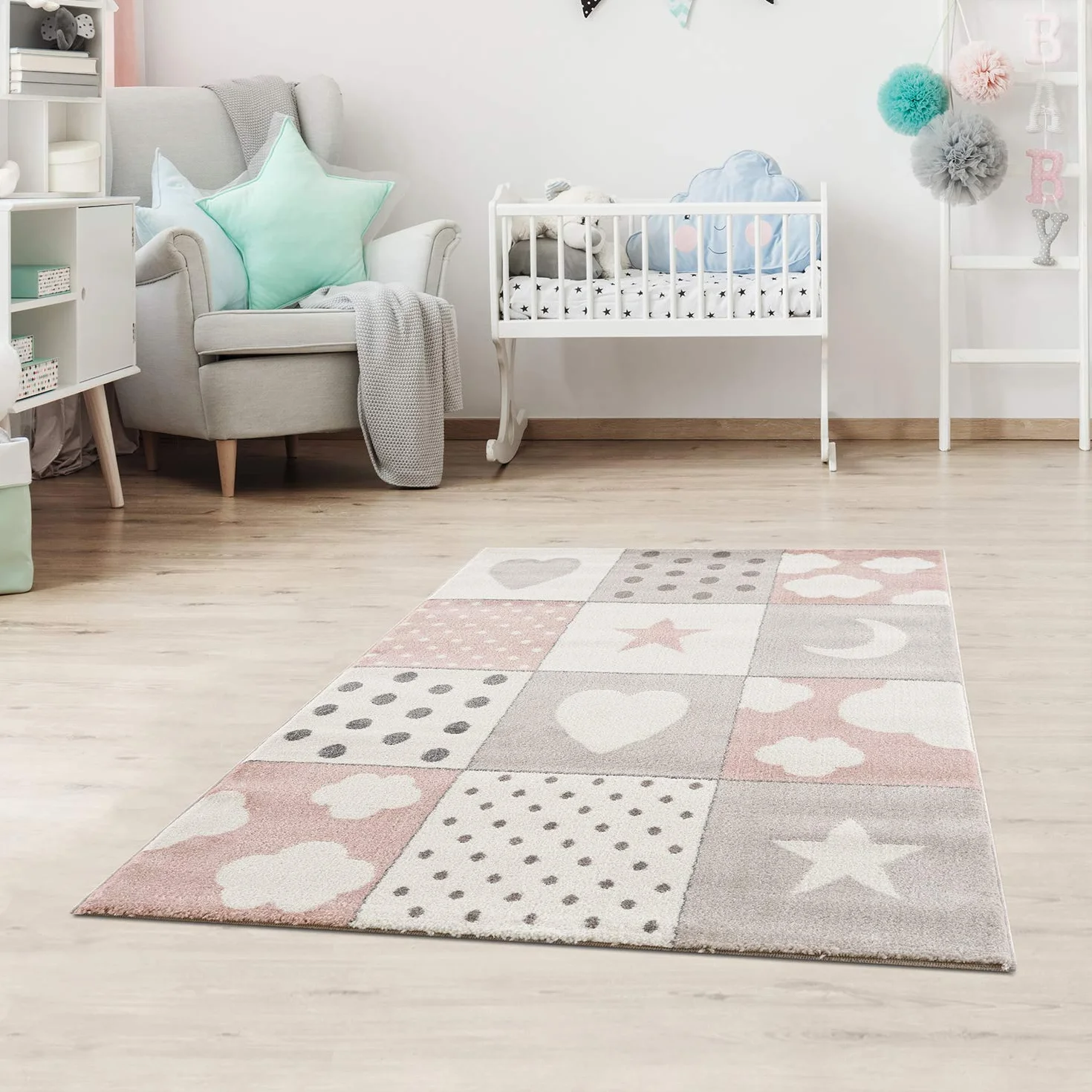 Dywan dziecięcy patchwork serce gwiazdy chmura różowy 120 x 170 cm