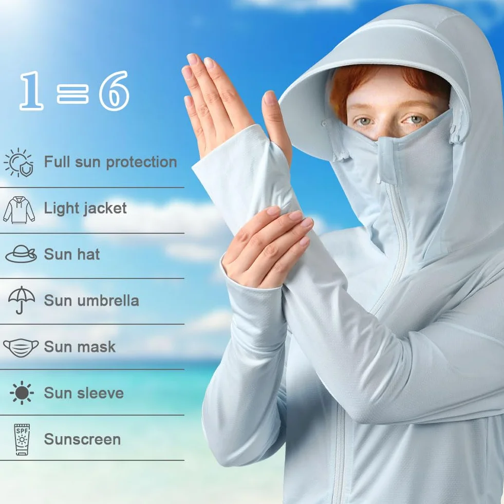 AUYAO Damska bluza z kapturem UPF 50+, ochrona przed słońcem, z długim rękawem, ochrona przed słońcem, ochrona przed promieniowaniem UV, lekka kurtka z kapturem z otworami na kciuki, do wędrówek