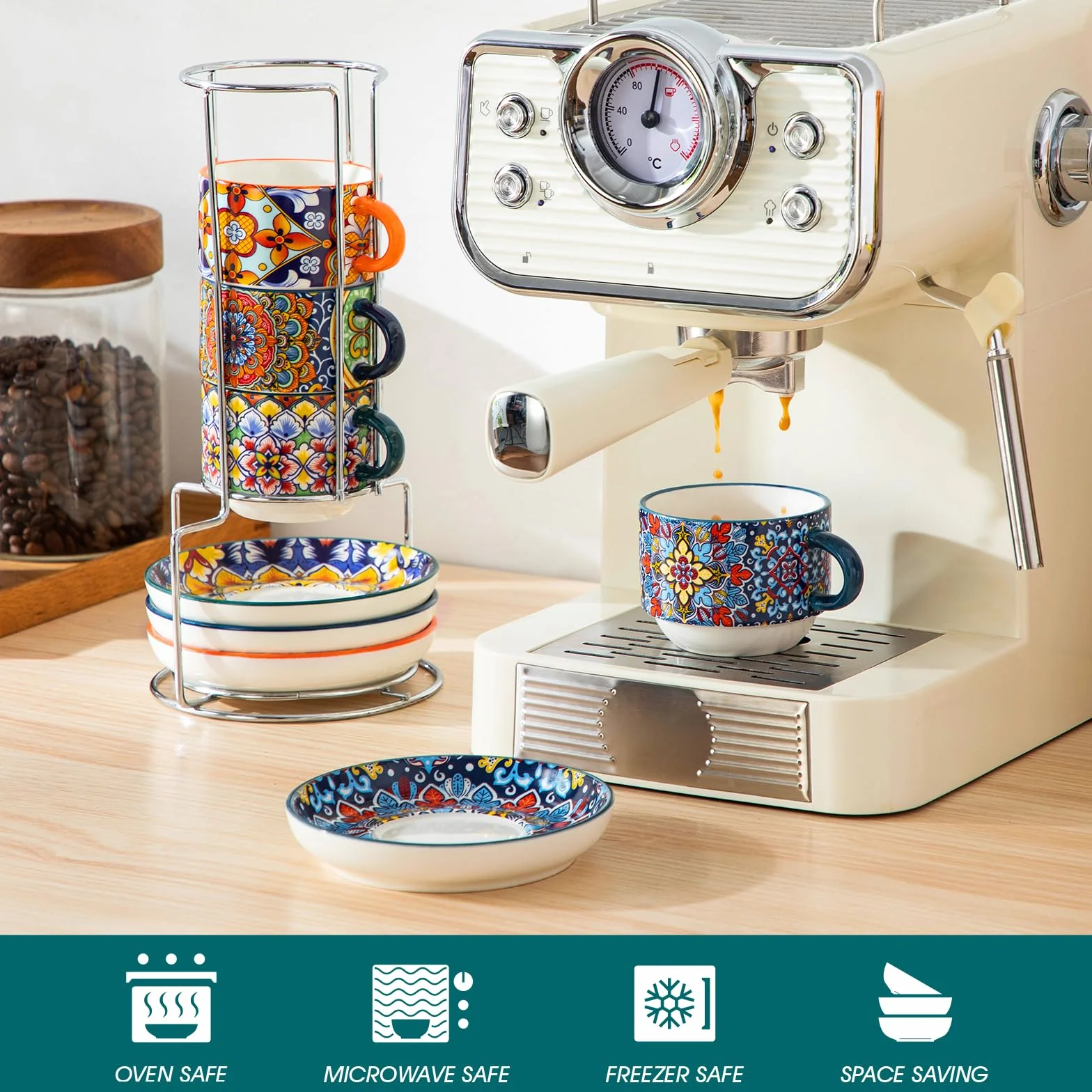 Vancasso Zestaw filiżanek SIMI 4 x 120ml porcelanowe do espresso z metalowym stojakiem