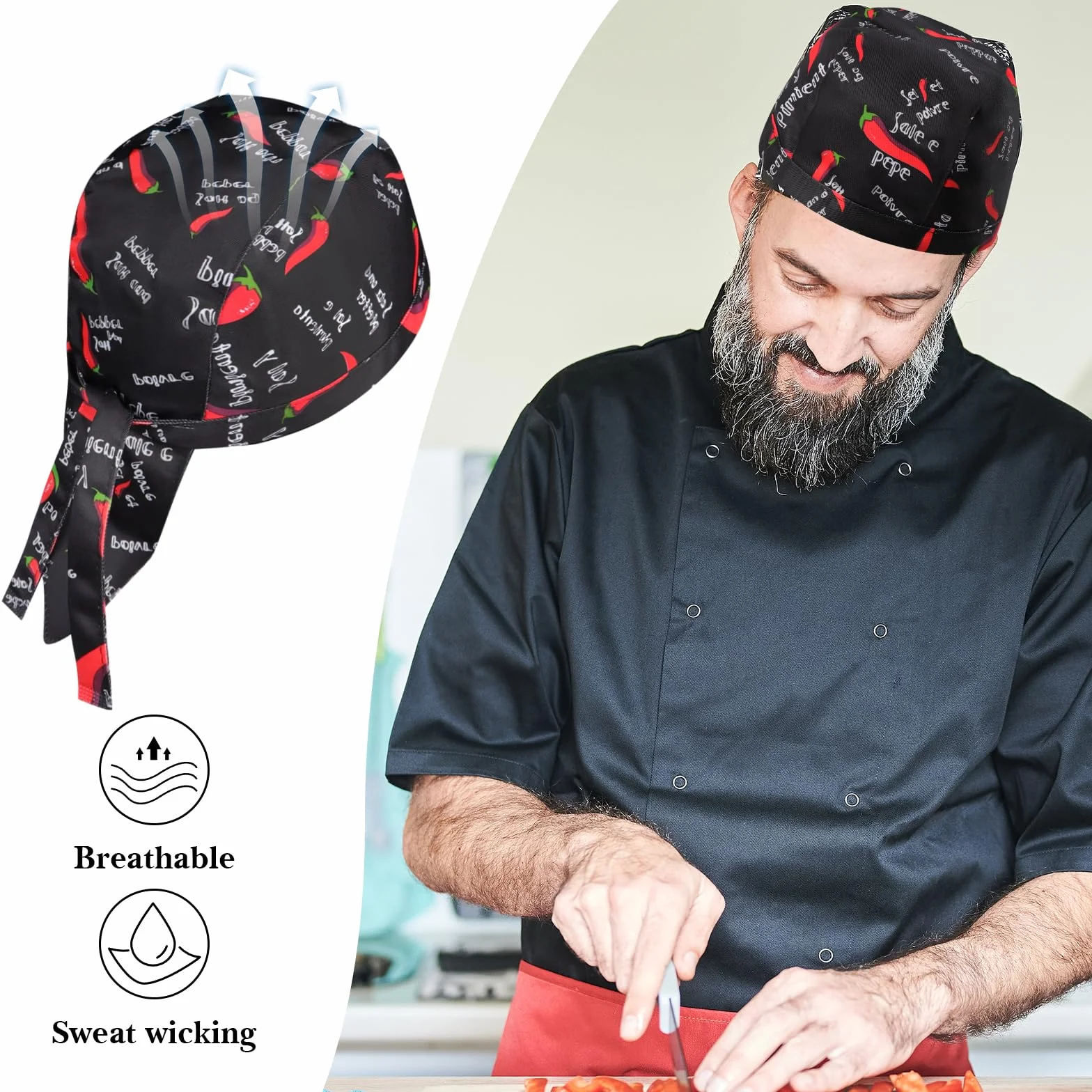 Czapka kucharska, bandana, regulowana, materiałowa, dla mężczyzn i kobiet, pochłaniająca pot, oddychająca czapka bistro, do restauracji, hoteli, barów, sklepów, szkół i do domu