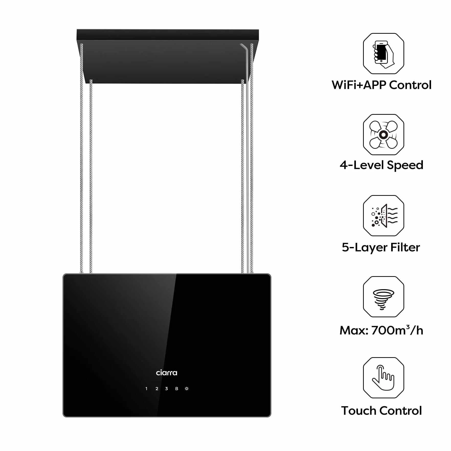 CIARRA CBCB4850 A+++ Okap wyspowy 48 cm 700 m³/h z Wi-Fi