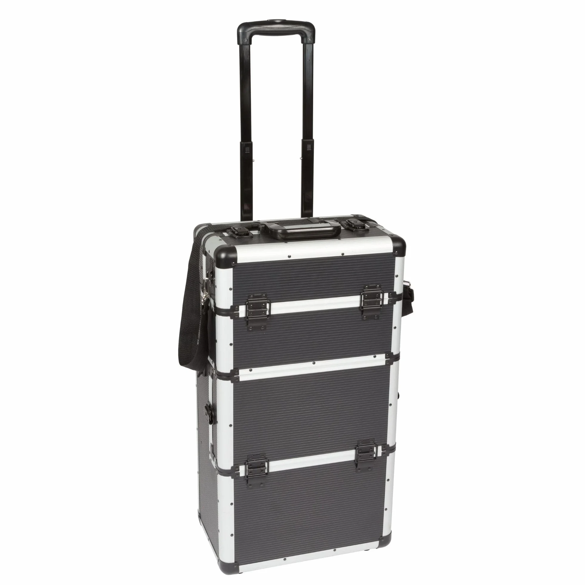 Perel Walizka narzedziowa na kolkach aluminiowa czarna, wozek narzedziowy z uchwytem teleskopowym, 3 przegrody z organizerem i tacka, zamek na klucz z 2 kluczami, 370 x 225 x 670 mm, 66,9 l
