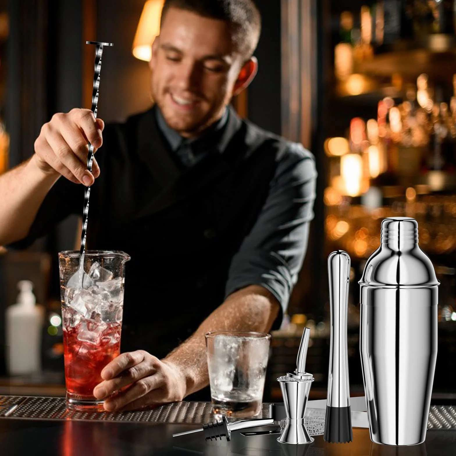 Newaner Zestaw do koktajli 750 ml 8-częściowy ze stali nierdzewnej akcesoria barowe z shakerem