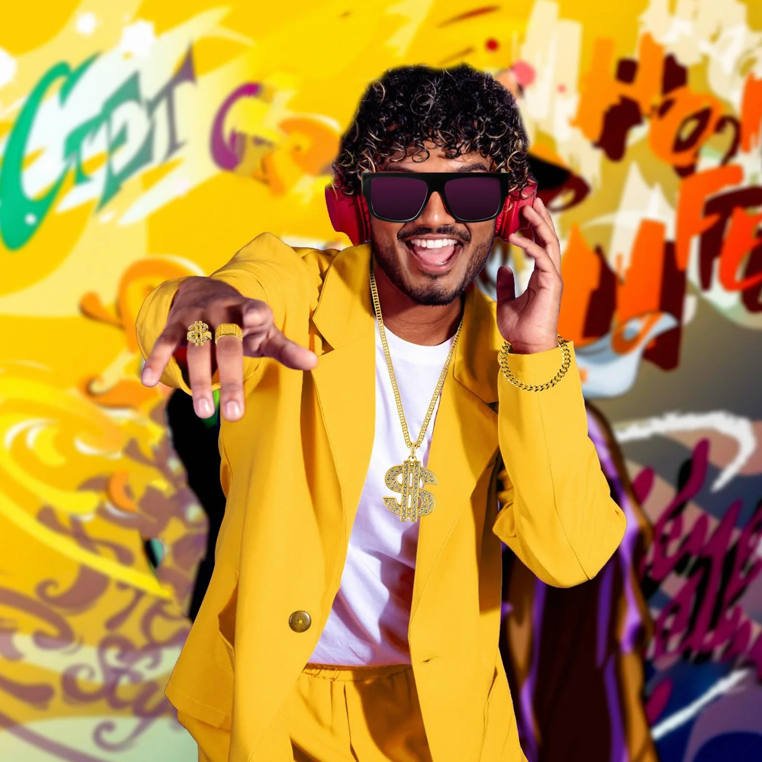 8 sztuk kostium a, złoty łańcuszek, akcesoria karnawałowe w stylu lat 80. 90., strój hip hop męski ze złotymi okularami przeciwsłonecznymi, naszyjnikiem, bransoletką i 5 złotymi pierścieniami na