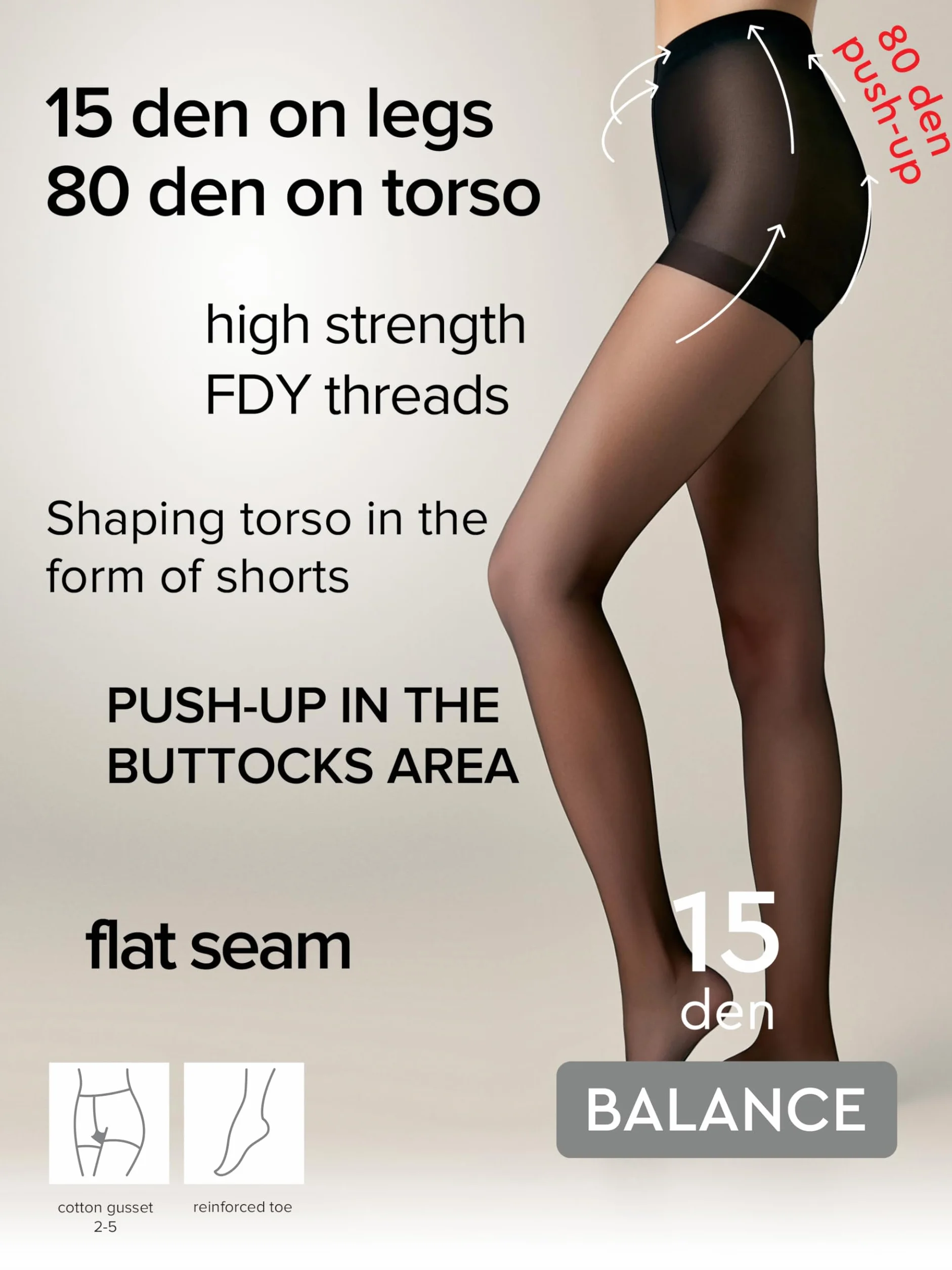 Conte elegant - Rajstopy Balance Push Up Effect - Rajstopy Damskie 15DEN - Modelowanie Brzucha, Wysoki Stan, Unoszenie Pośladków, Delikatny, Miękki Materiał