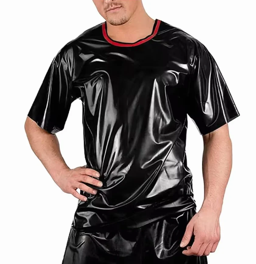 Męskie koszulki klubowe patchworkowe z krótkim rękawem PVC skórzane topy bodycon outdoorowa odzież uliczna personalizacja