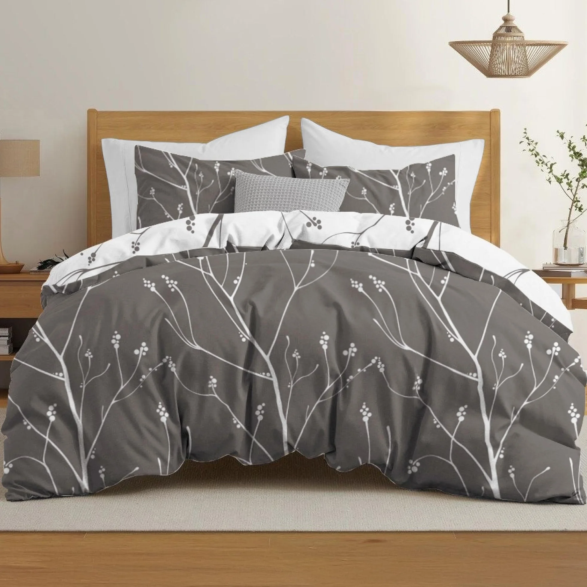Dreamzie Zestaw Pościeli 240x260 cm z 2 Poszewkami 65x65 cm Oeko TEX Szaro-Biały