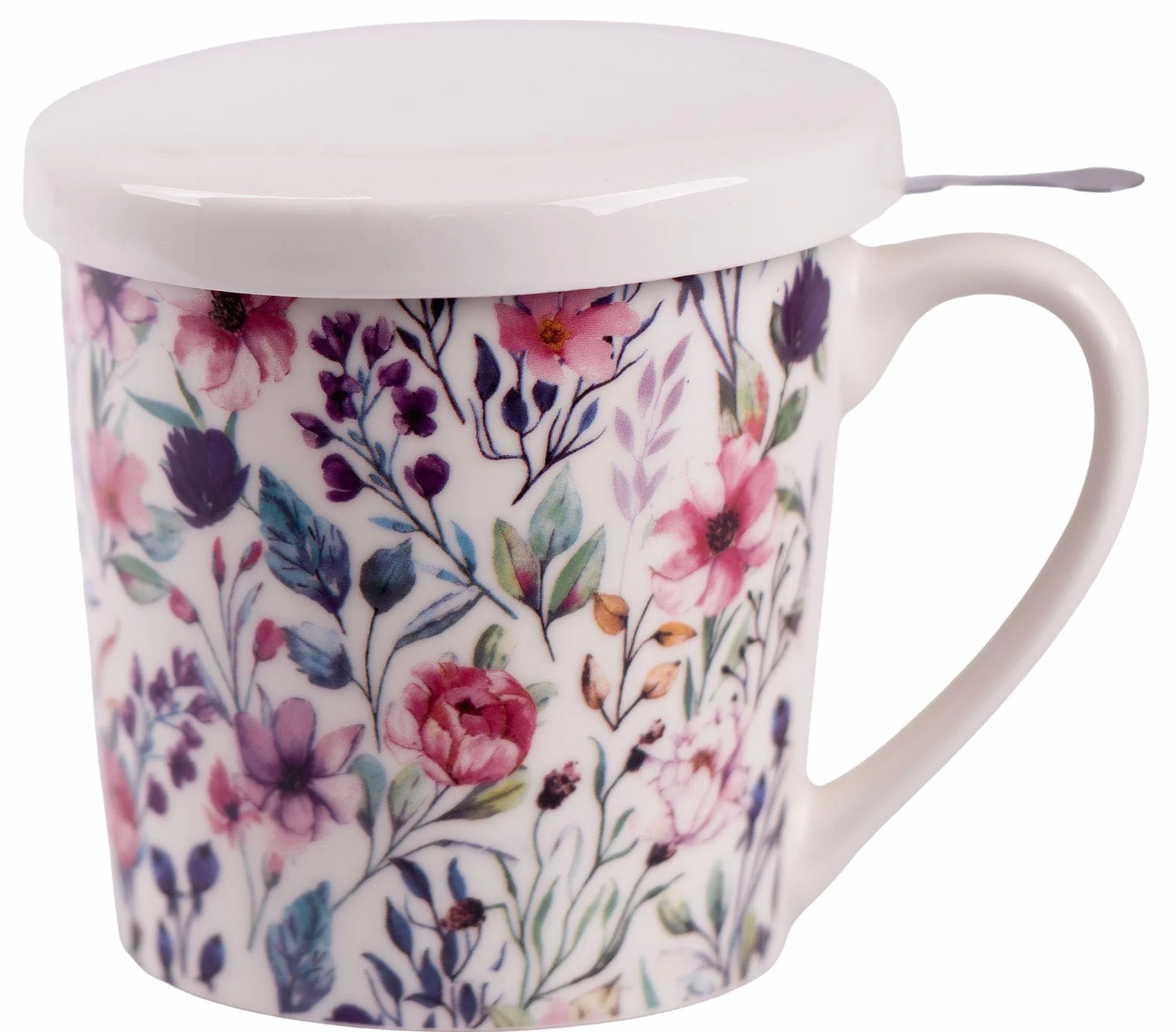 OMAGO Kubek porcelanowy z zaparzaczem do herbaty i przykrywką motyw kwiatów