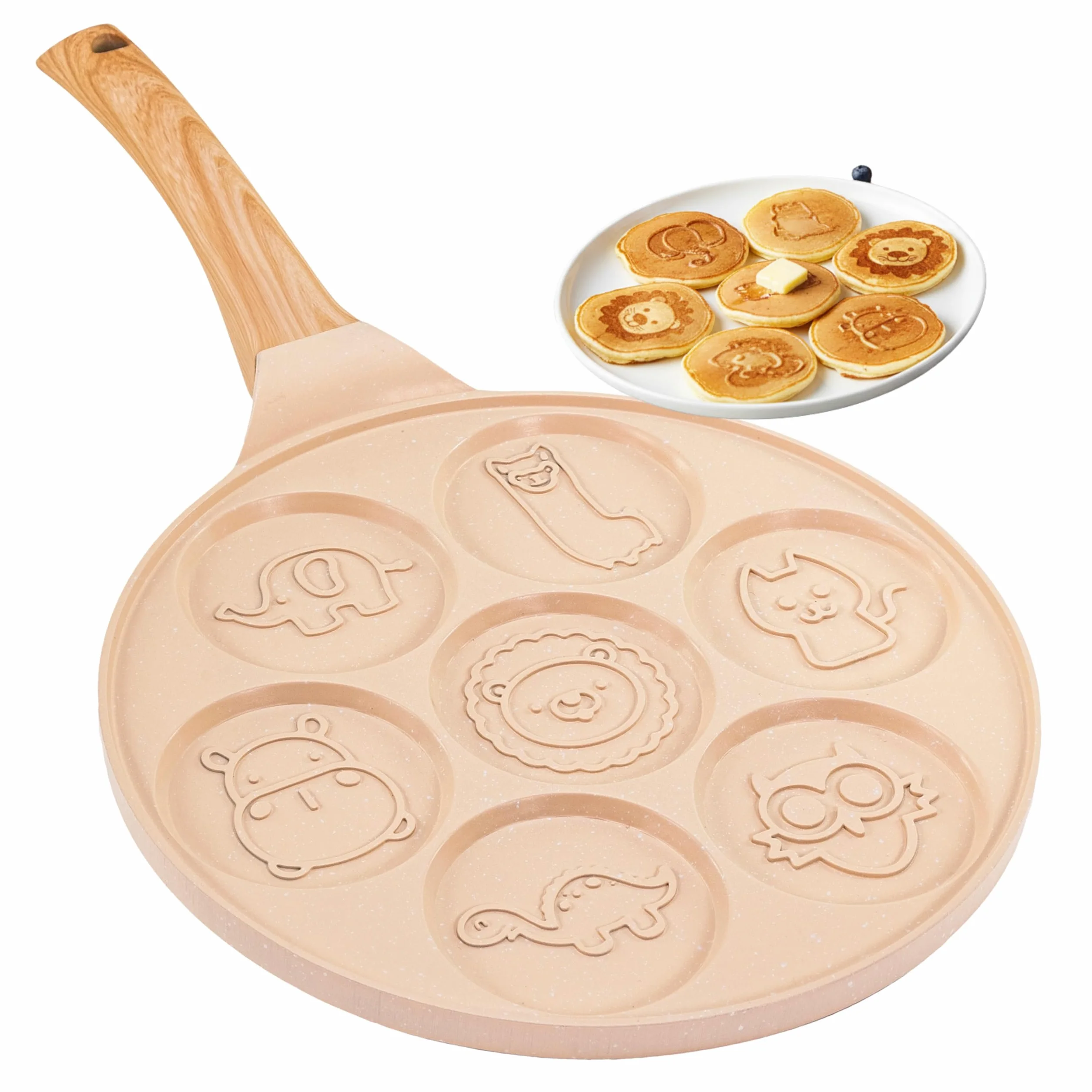Erreke Patelnia do Naleśników, Patelnia do Crepes, 7 Mini Naleśników Jednocześnie, Podwójna Nieprzywierająca Powłoka, Do Wszystkich Typów Kuchni i Płyt Indukcyjnych, Uchwyt Soft Touch, 26 cm Beżowa