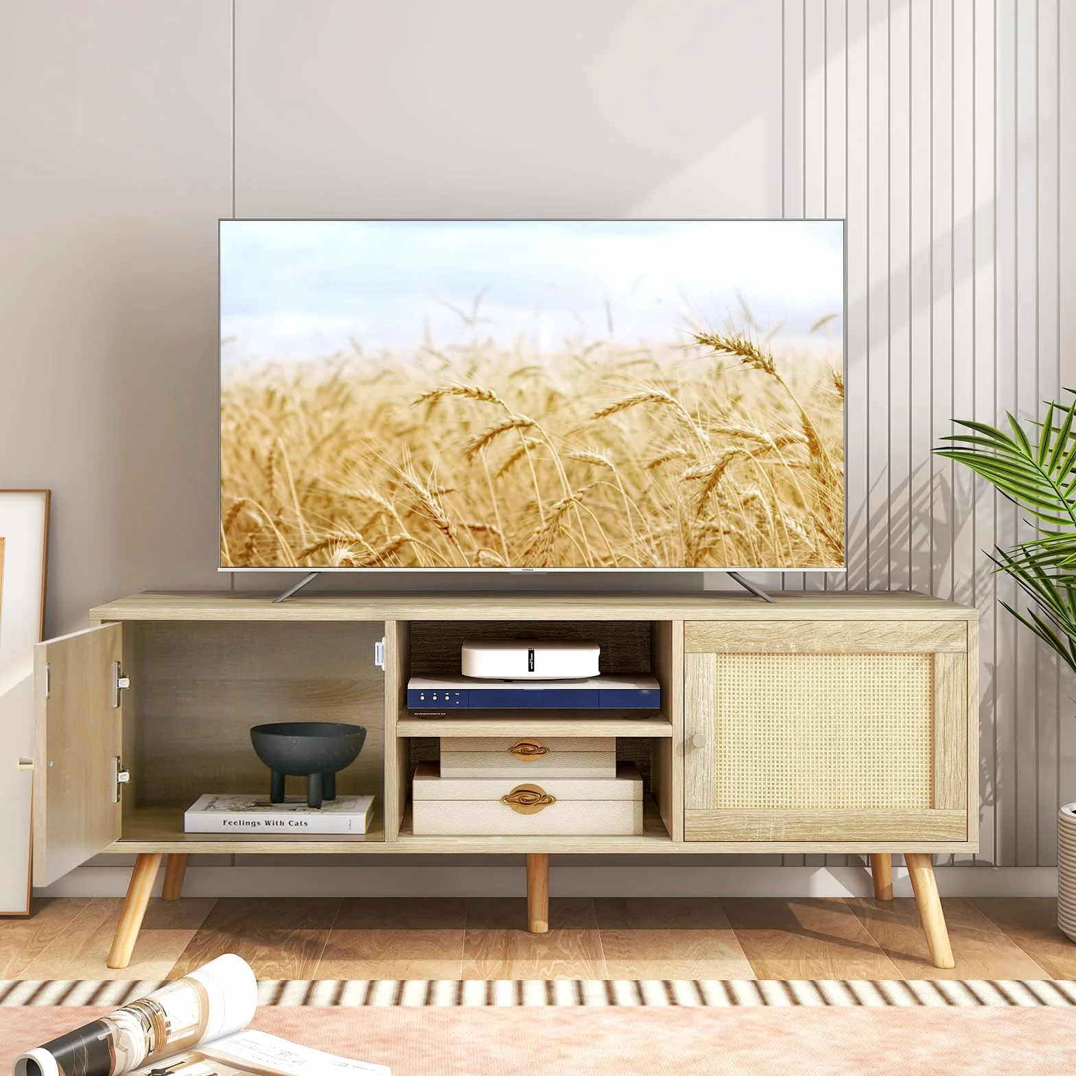 COSTWAY Szafka TV 120x40x48,5 cm niski stolik z ratanu 2 drzwi otwarte półki