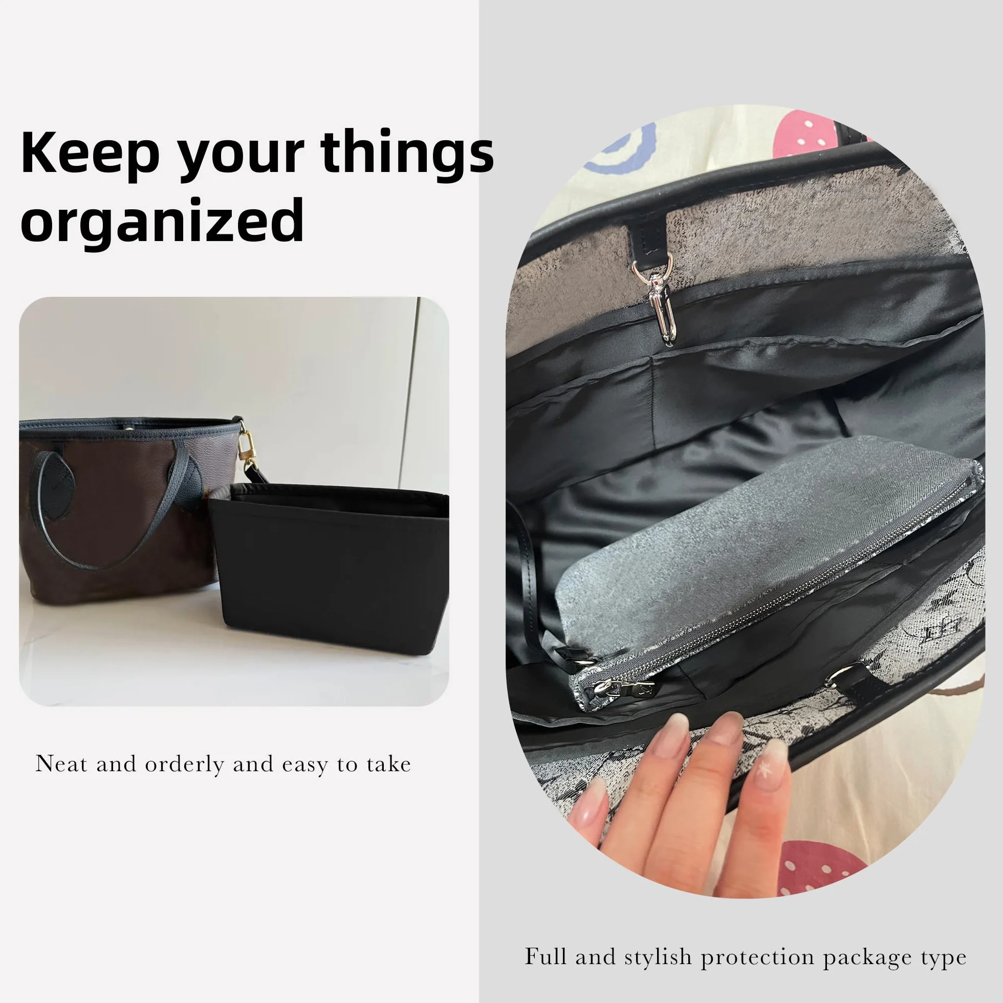 DGAZ Jedwabny organizer do torebek pasuje do LV Neverfull PM/MM/GM, jedwabiście gładki w dotyku, luksusowa torebka i torba do modelowania (czarny, MM)