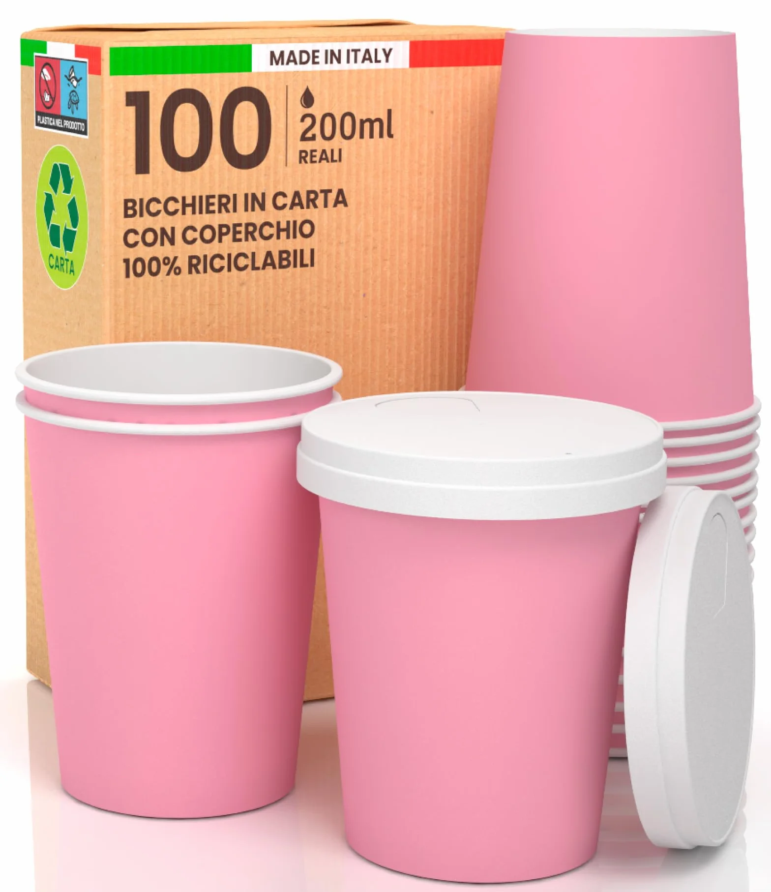 Biodegradowalne kubki papierowe 200 ml różowe 100 szt. z pokrywką do kawy i herbaty