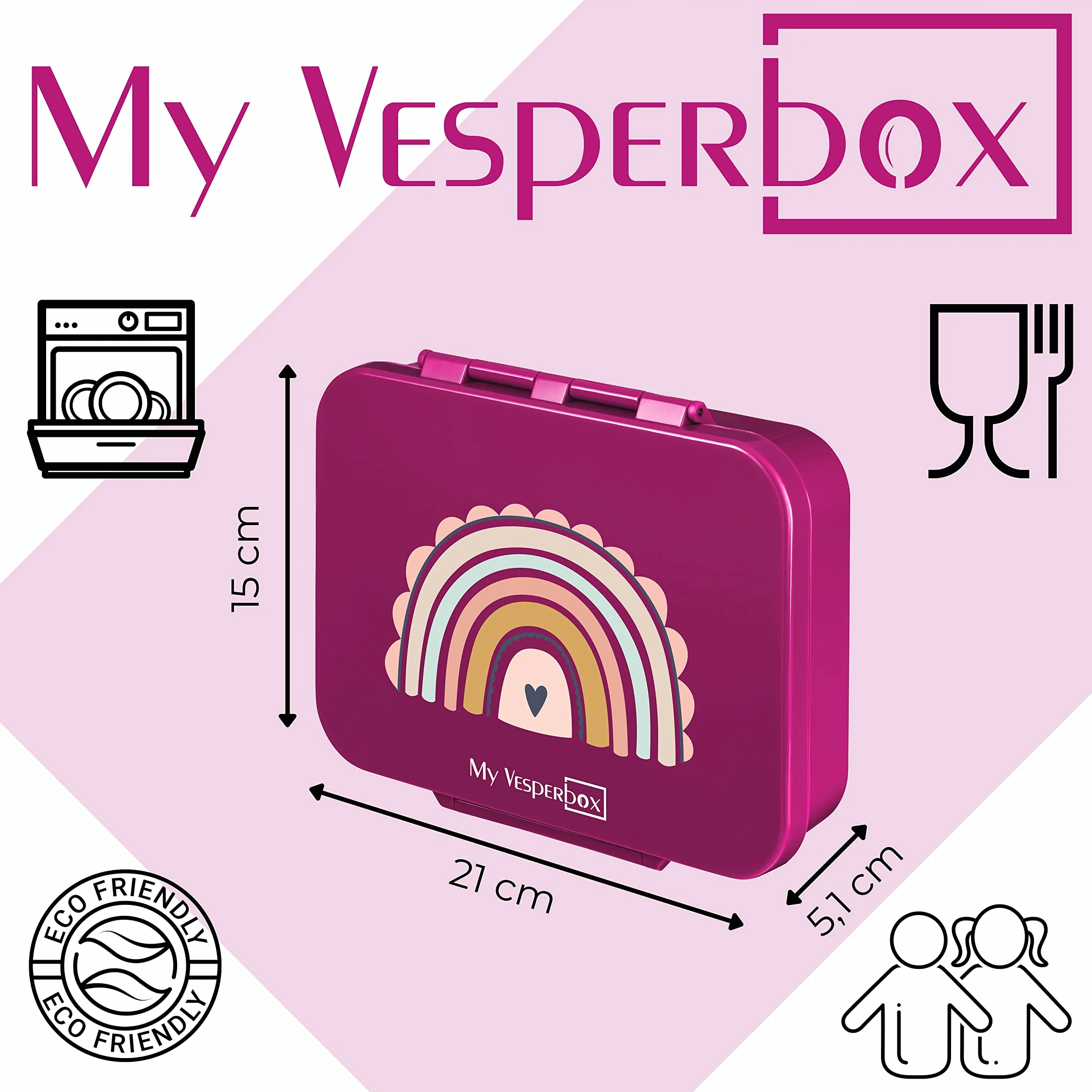 My Vesperbox Bia Bento Box dla dzieci szczelne wolne od BPA wzmocnione zamknięcia fioletowe tęczowe