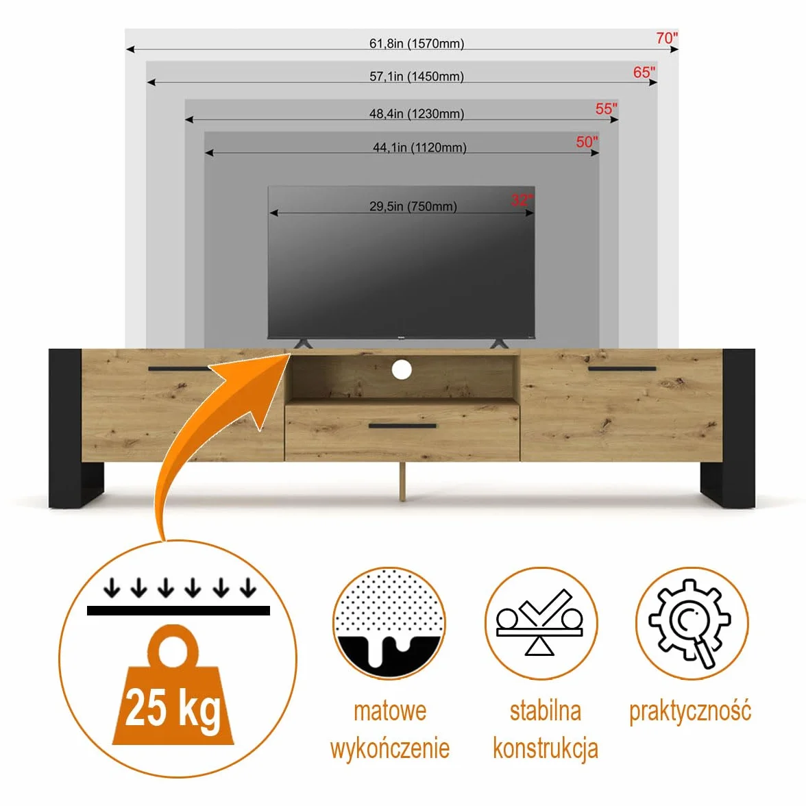 Szafka rtv 200 cm dąb artisan stojąca pod telewizor, do salonu i sypialni nowoczesna szafka telewizyjna, trwała płyta laminowana, wytrzymały stolik rtv, Nuka