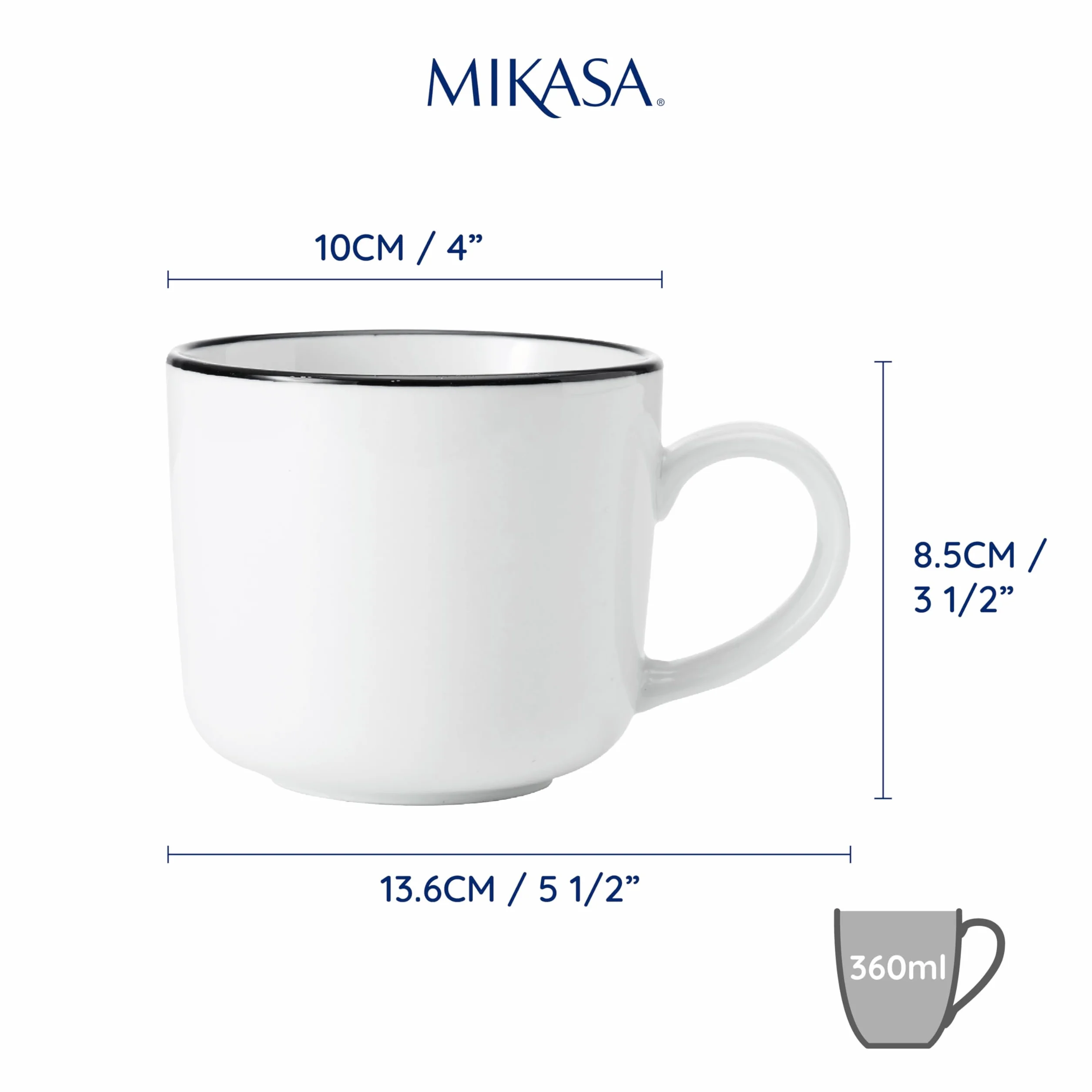 Mikasa Limestone Zestaw porcelanowych kubków 4x 360 ml czarna obwódka do kawy i herbaty