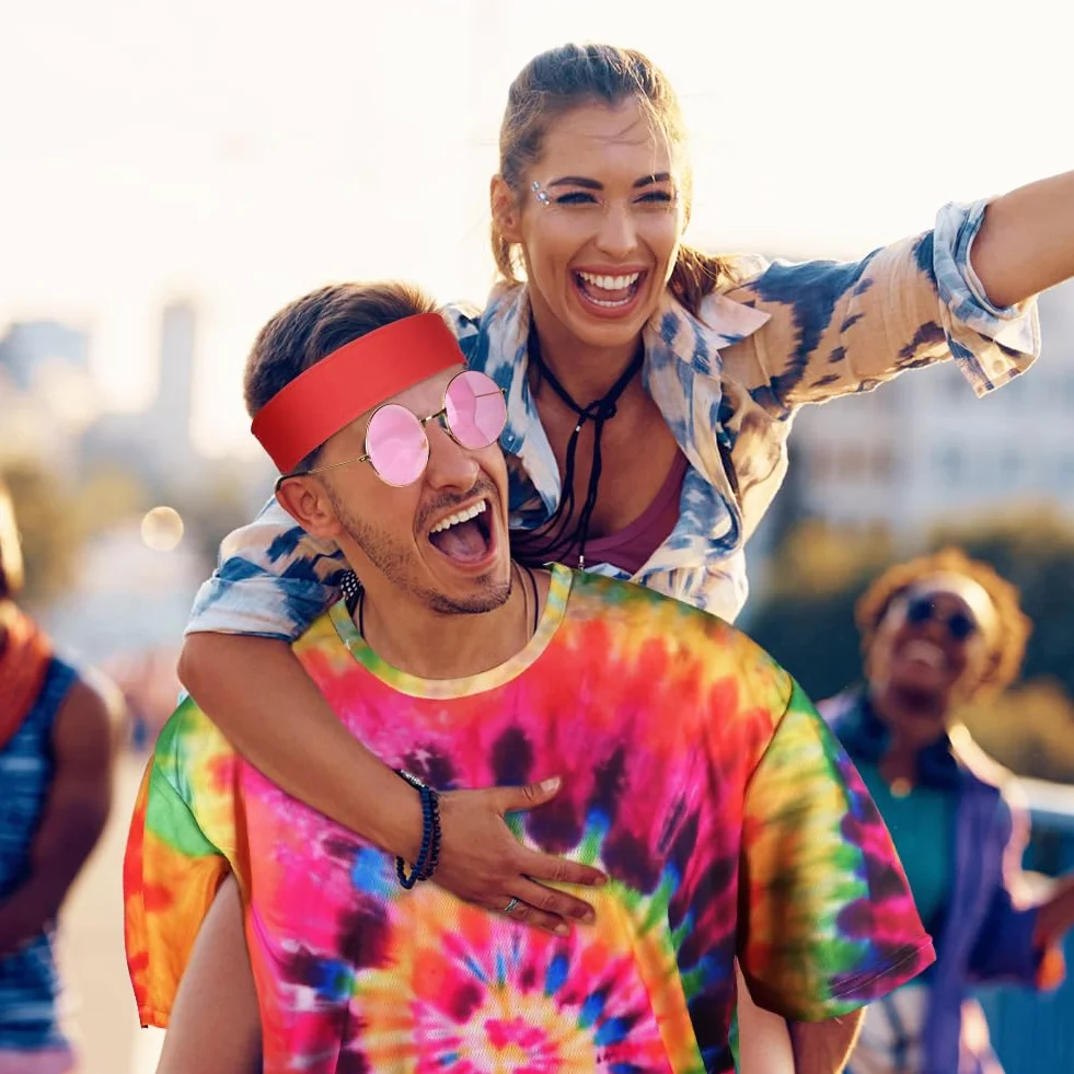 AOOWU Hippie kostium z lat 70-tych - 5 sztuk akcesoriów dla kobiet i mężczyzn z opaską na włosy, okulary przeciwsłoneczne, dyskoteka, karnawał Halloween