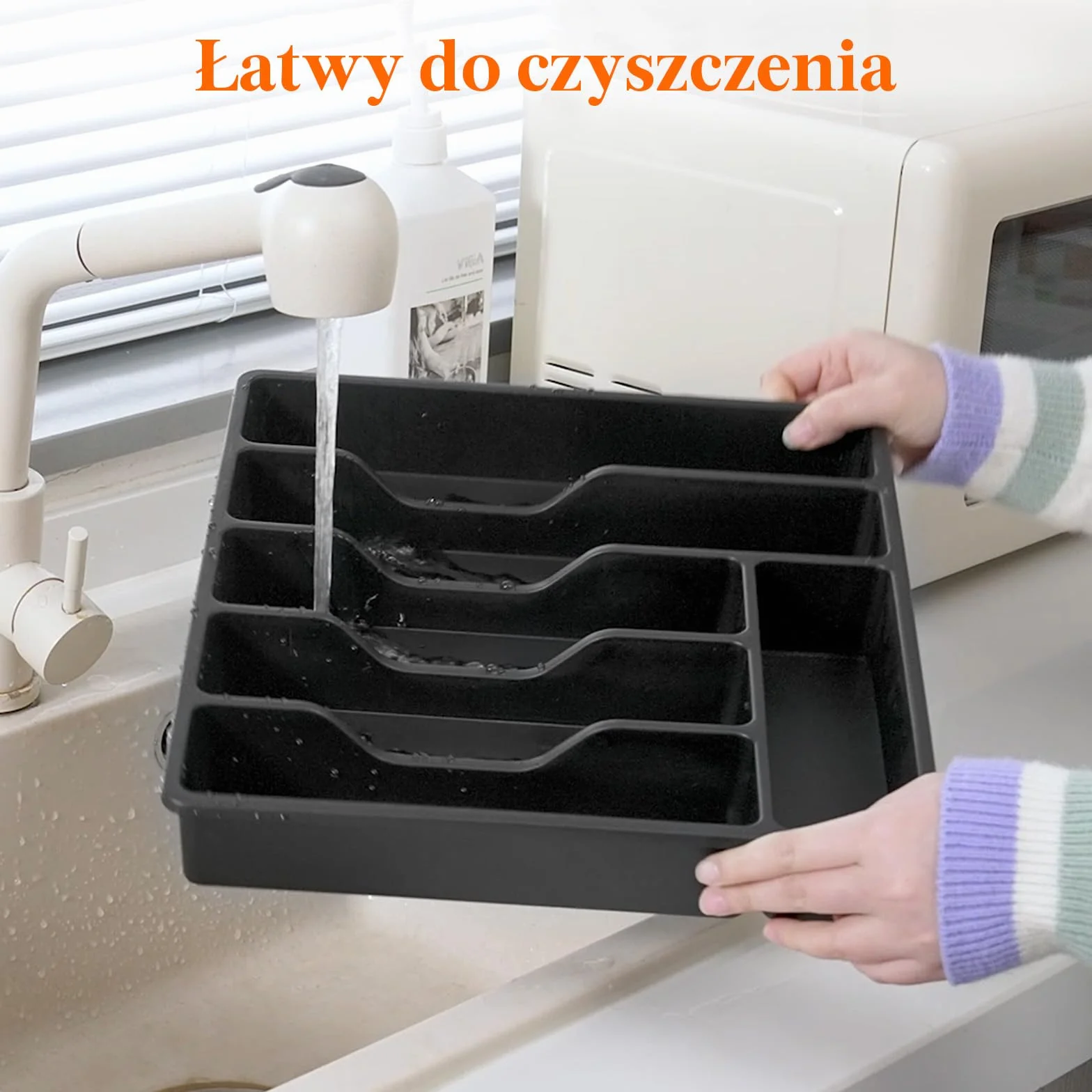 Taca na sztućce Lifewit z pokrywką, pojemnik na sztućce do szuflady kuchennej i na blat, plastikowa szuflada na sztućce, organizer na łyżki, widelce, noże, 6 przegródek, czarny