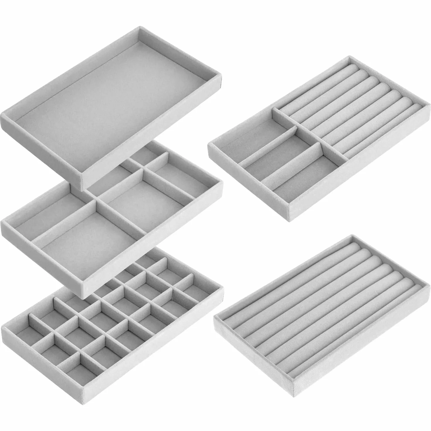 QWORK® 5 szt. Organizer do tacek na biżuterię, aksamitna tacka na biżuterię, do ekspozycji kolczyków, pierścionków, naszyjników i bransoletek, szary