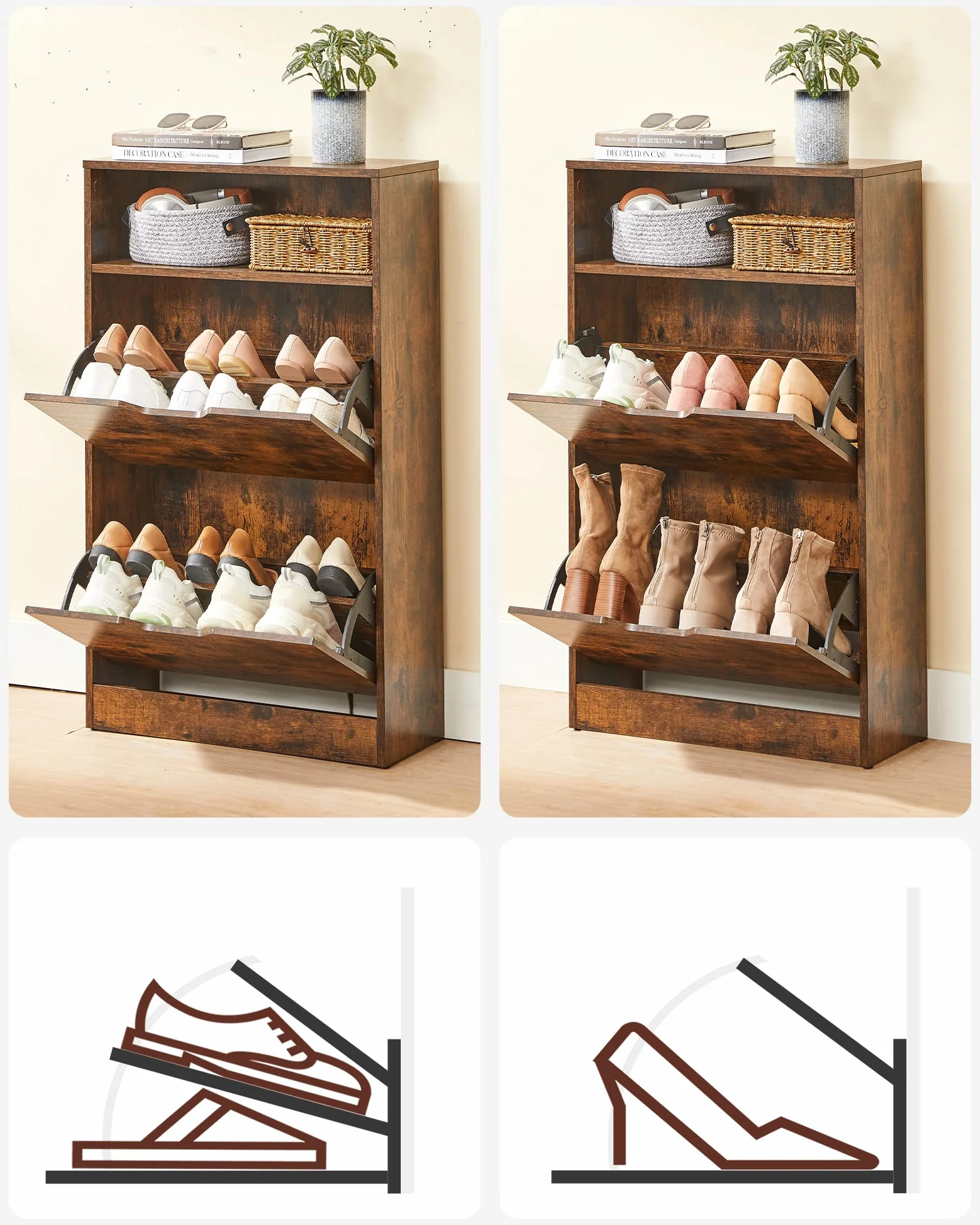VASAGLE Szafka na buty z 2 klapami z otwartą półką 60 x 24 x 102 cm rustykalny brąz