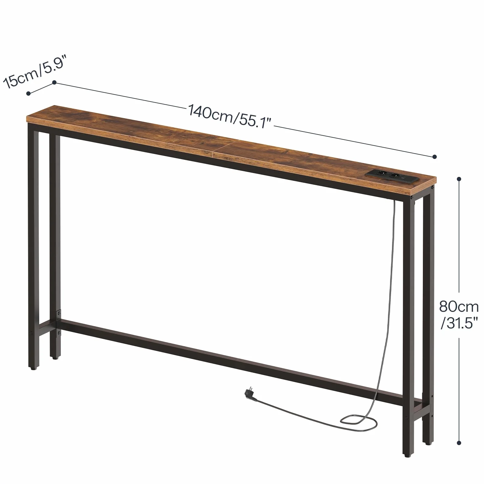 HOOBRO Wąski stolik konsolowy 140 cm z stacją ładującą, metalowa rama, brązowy vintage