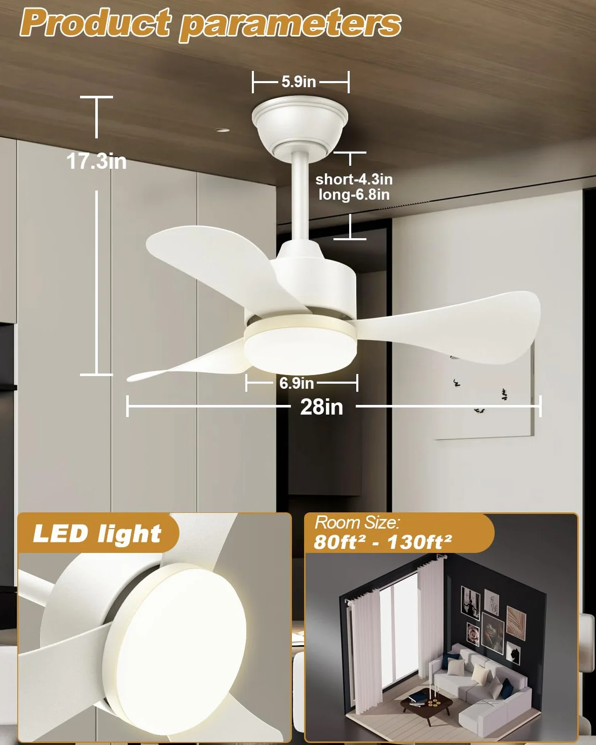 Airwit Wentylator sufitowy 71 cm LED z pilotem, cichy 3-łopatkowy silnik DC 6 prędkości
