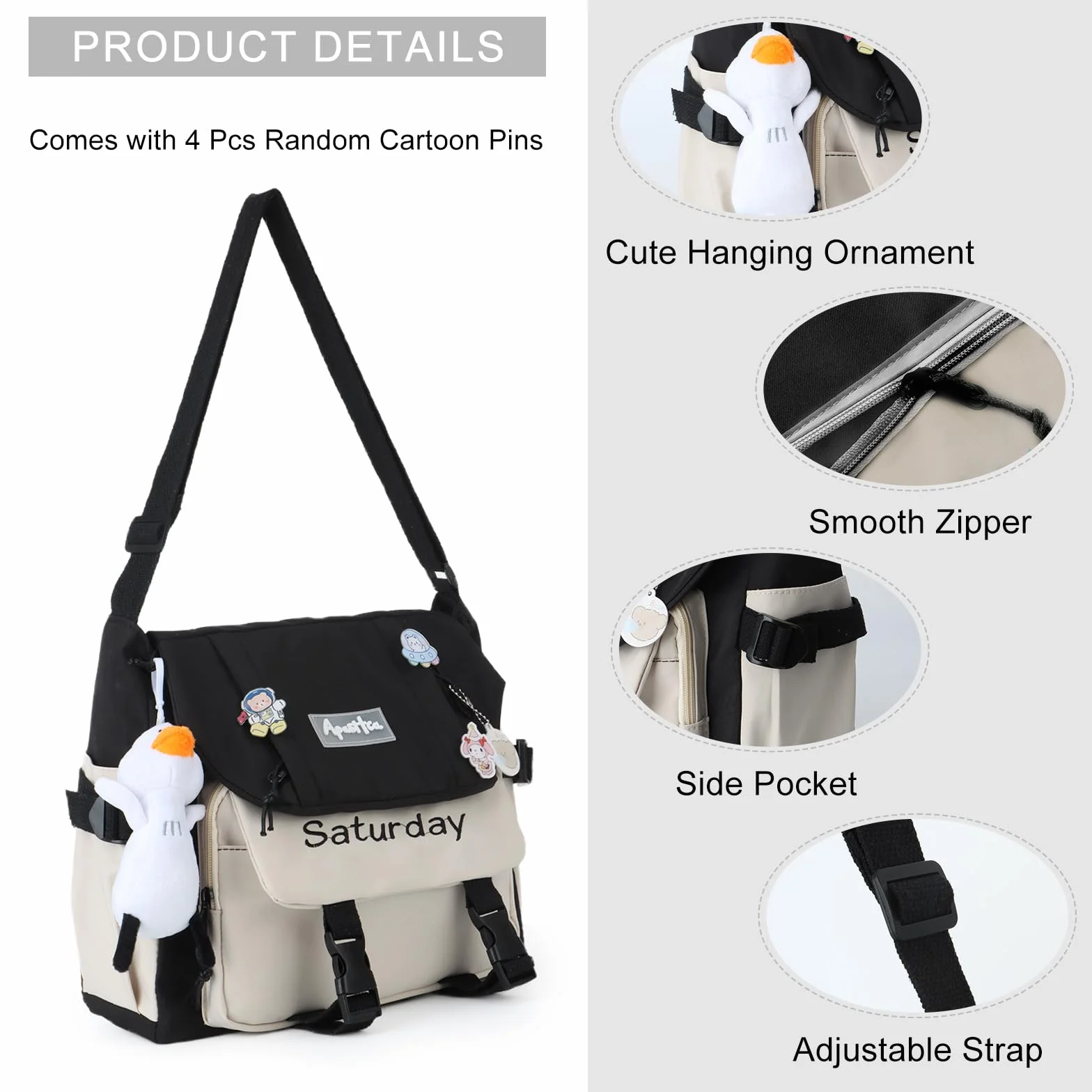Urocza torba kurierska dla nastolatek kobiet, kawaii, listonoszka, torebki crossbody, torebka na ramię z pinezkami i wypchanym wisiorkiem, prezent 2024