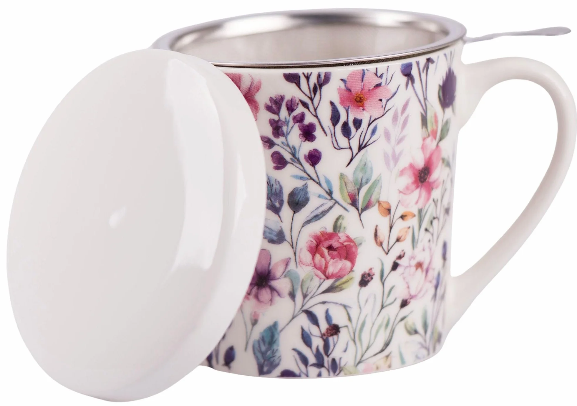 OMAGO Kubek porcelanowy z zaparzaczem do herbaty i przykrywką motyw kwiatów