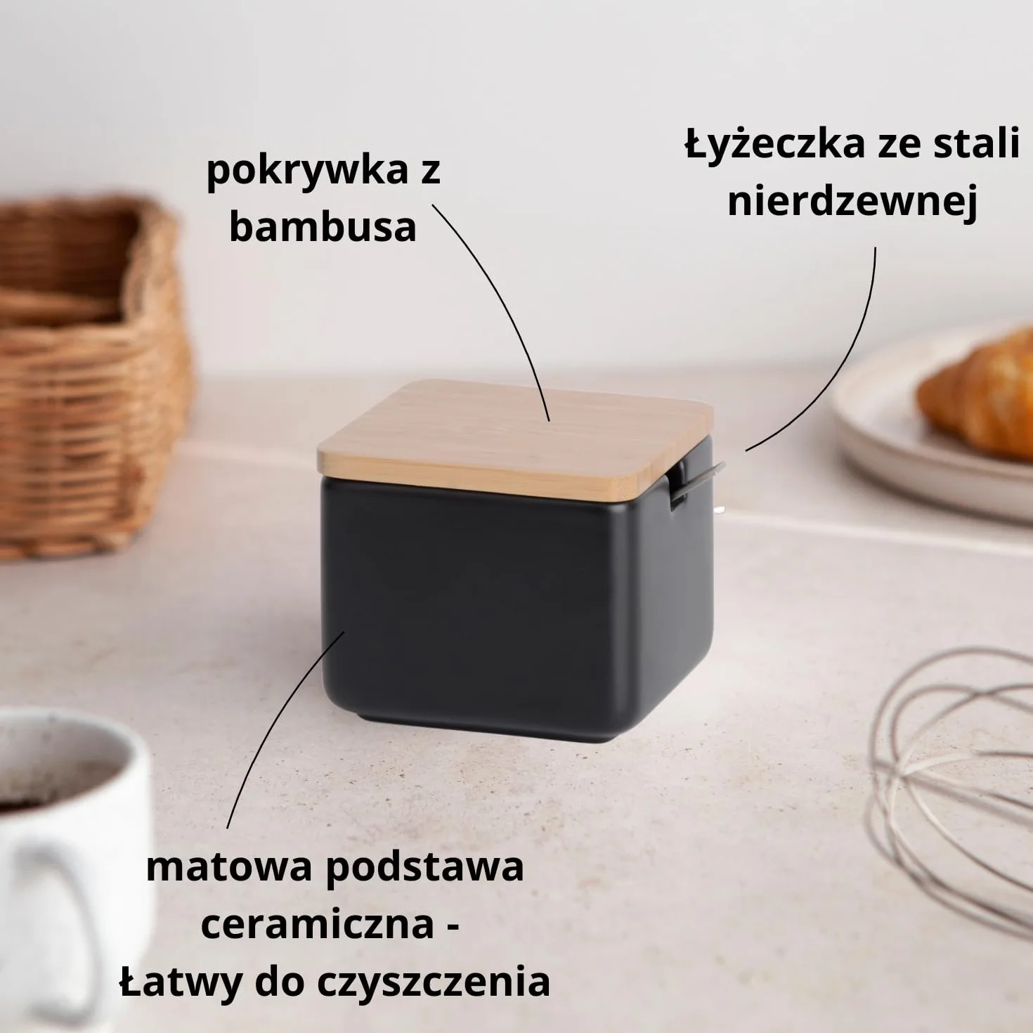 Ceramiczna cukiernica z bambusową pokrywką i łyżką ze stali nierdzewnej 10x10x9 cm
