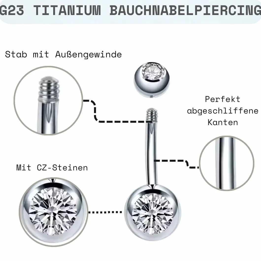 Medinah Kolczyk do pępka 14G Titanium 8 mm 12 mm długość pręcika, grubość pręcika: 1,6 mm CZ kulki, kolczyk do pępka złoty kolczyk do pępka srebrny
